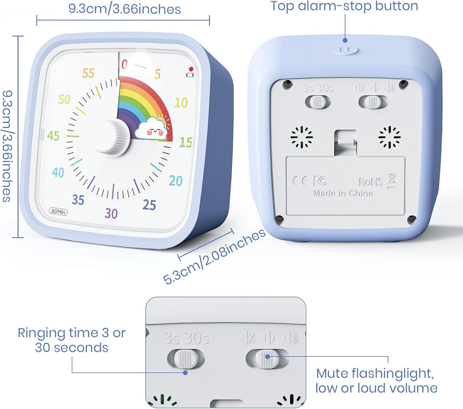 Ein hellblauer visueller Timer mit Maßen zeigt Vorderseite, Rückseite und Schalterdetails mit Text.