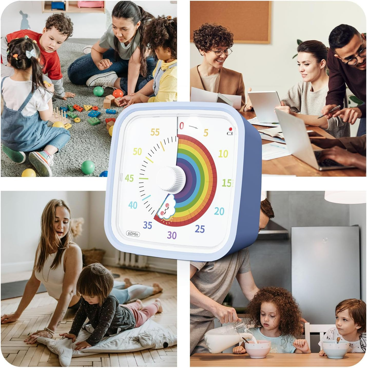 Ein blauer visueller Timer mit Regenbogen-Zifferblatt liegt im Vordergrund, umgeben von Alltagsszenen.