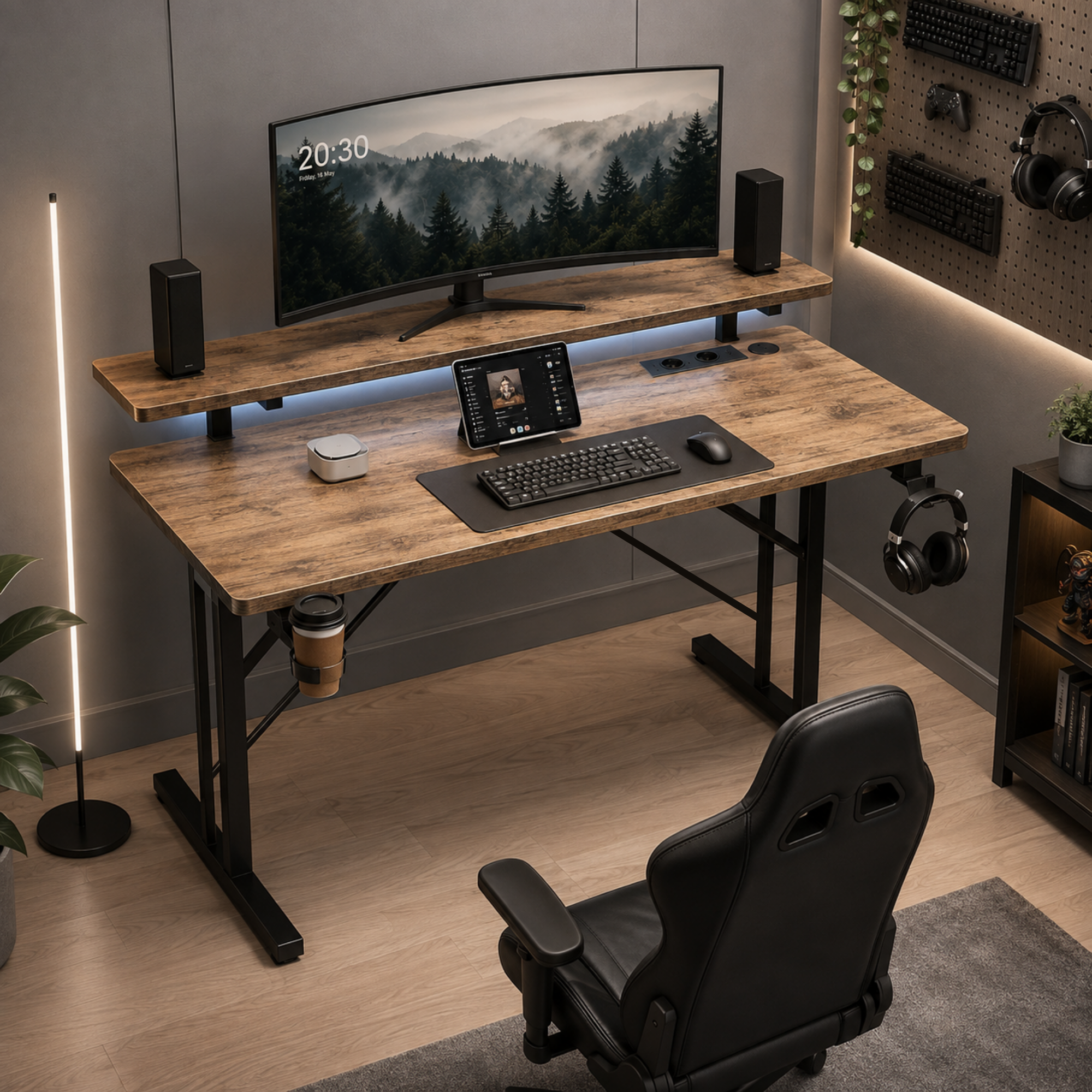 Moderner Schreibtisch mit gebogenem Monitor, Tastatur, Tablet, Lautsprechern und schwarzem Gaming-Stuhl.