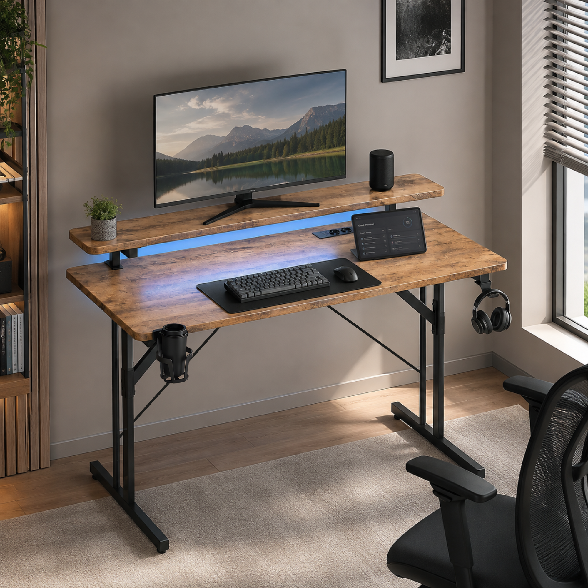 Moderner Holztisch mit Monitor, Tastatur, blauem LED-Licht, Kopfhörern, Becherhalter und schwarzem Bürostuhl.