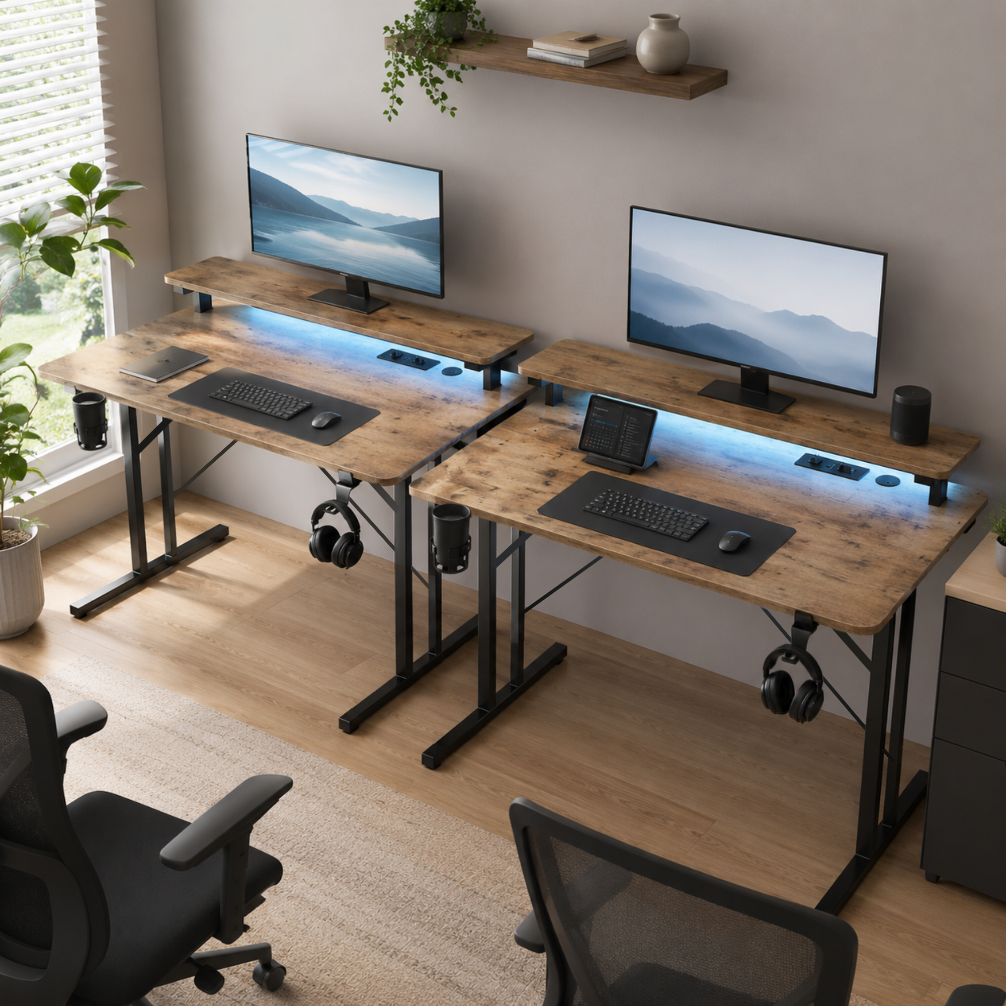 Zwei Computertische mit zwei Monitoren, blauer LED-Hintergrundbeleuchtung, Tastaturen und Stühlen in einem hellen Zimmer.
