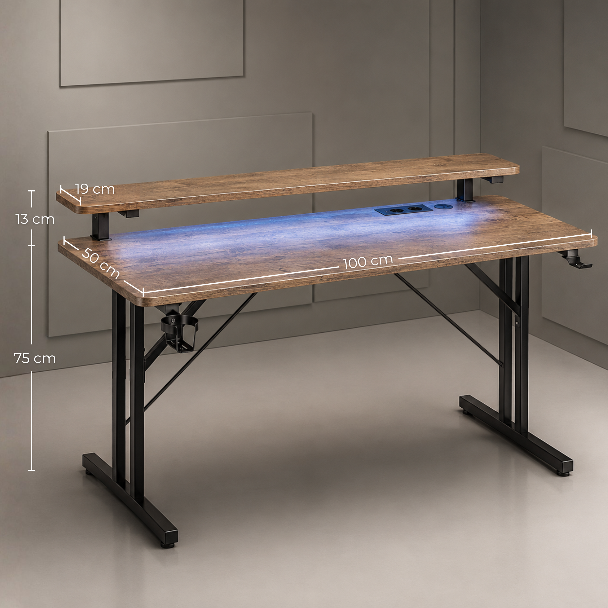 Holzfarbener Schreibtisch mit schwarzem Metallgestell und Abmessungen in cm.