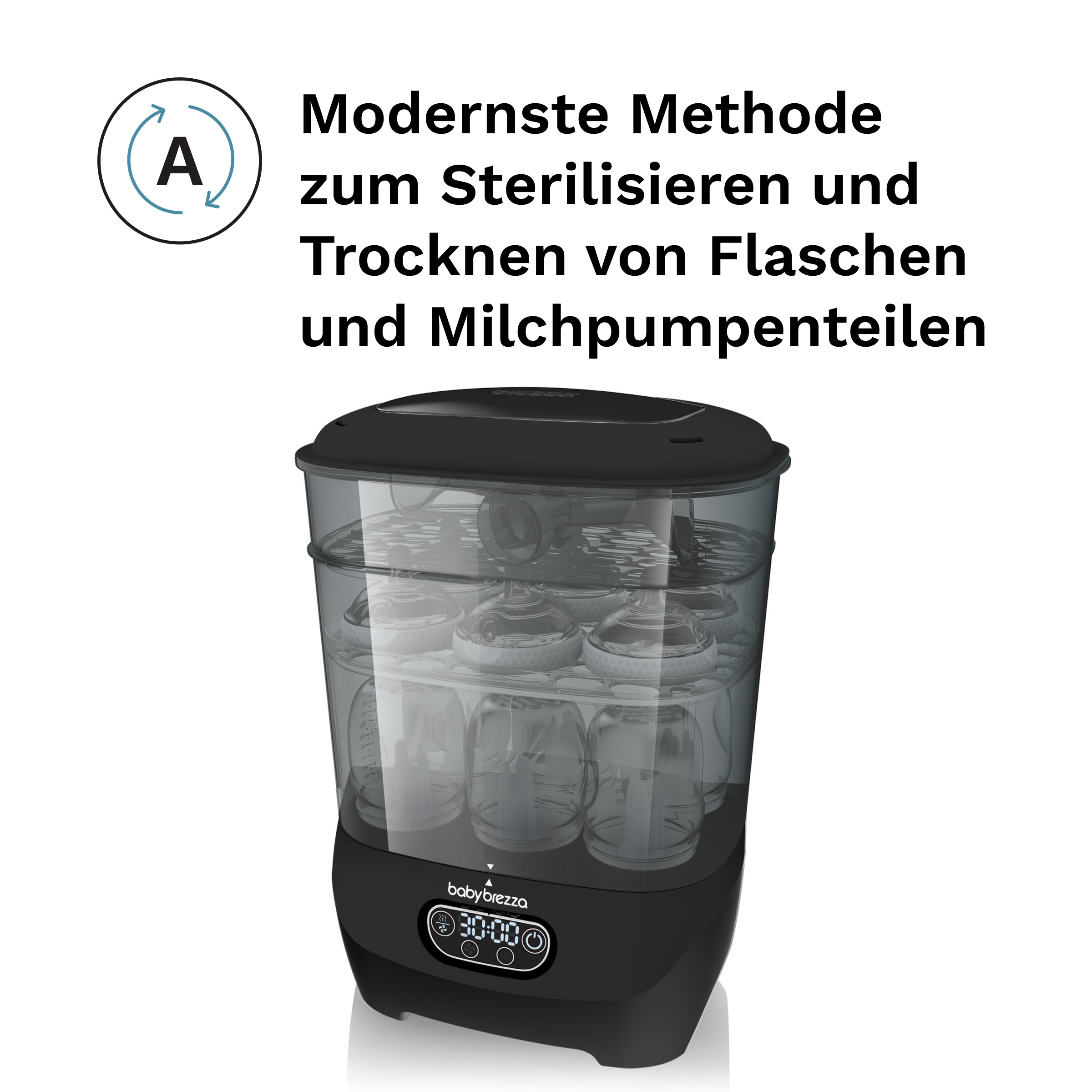 Baby Brezza Flaschensterilisator und -trockner mit mehreren Flaschen im Inneren und deutschem Text oben.