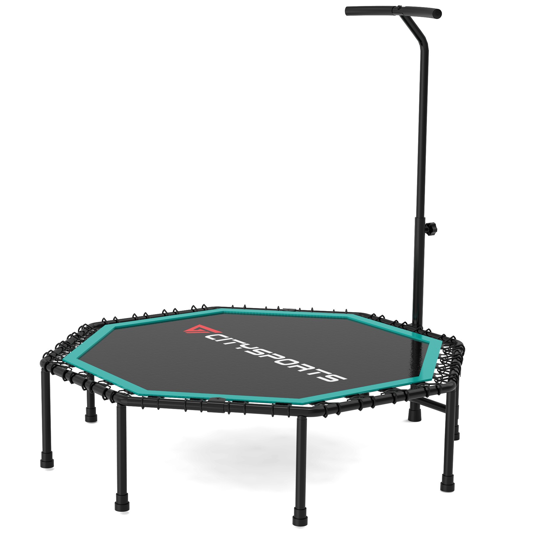 Un mini trampolino nero con bordo turchese, logo Citysports e alto maniglione su sfondo bianco.