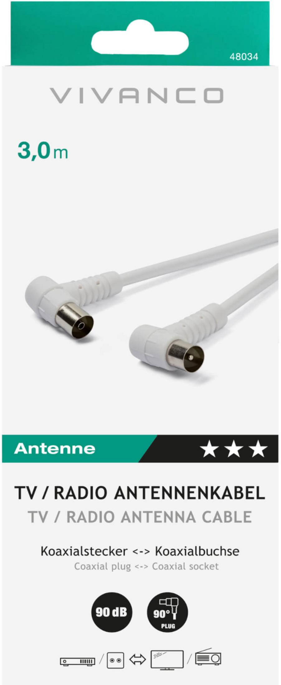 Cavo antenna TV/radio Vivanco da 3.0m con spina e presa coassiale nella confezione.