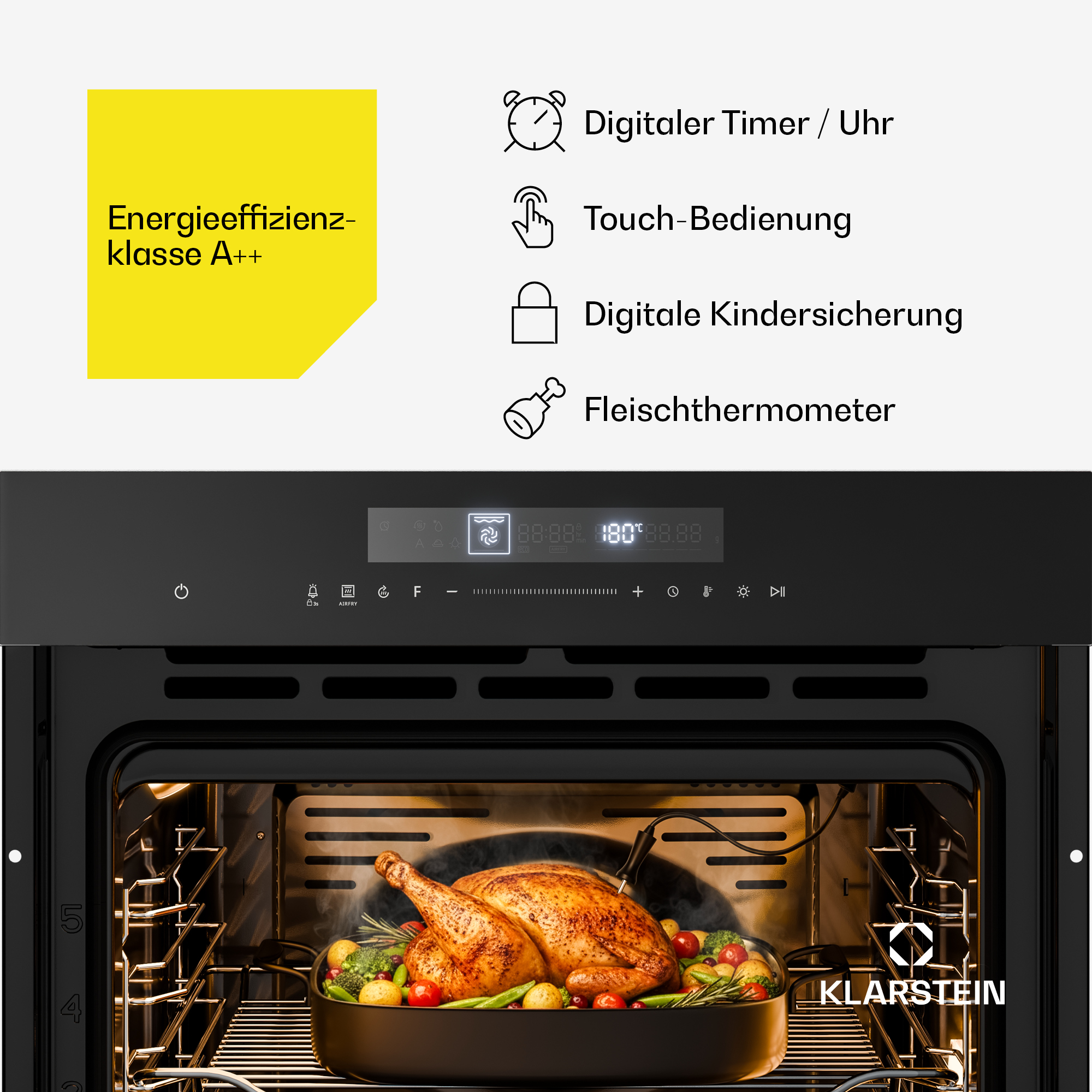 Ofen mit Hähnchen, Digitaldisplay, Touchbedienung, Timer und Fleischthermometer.