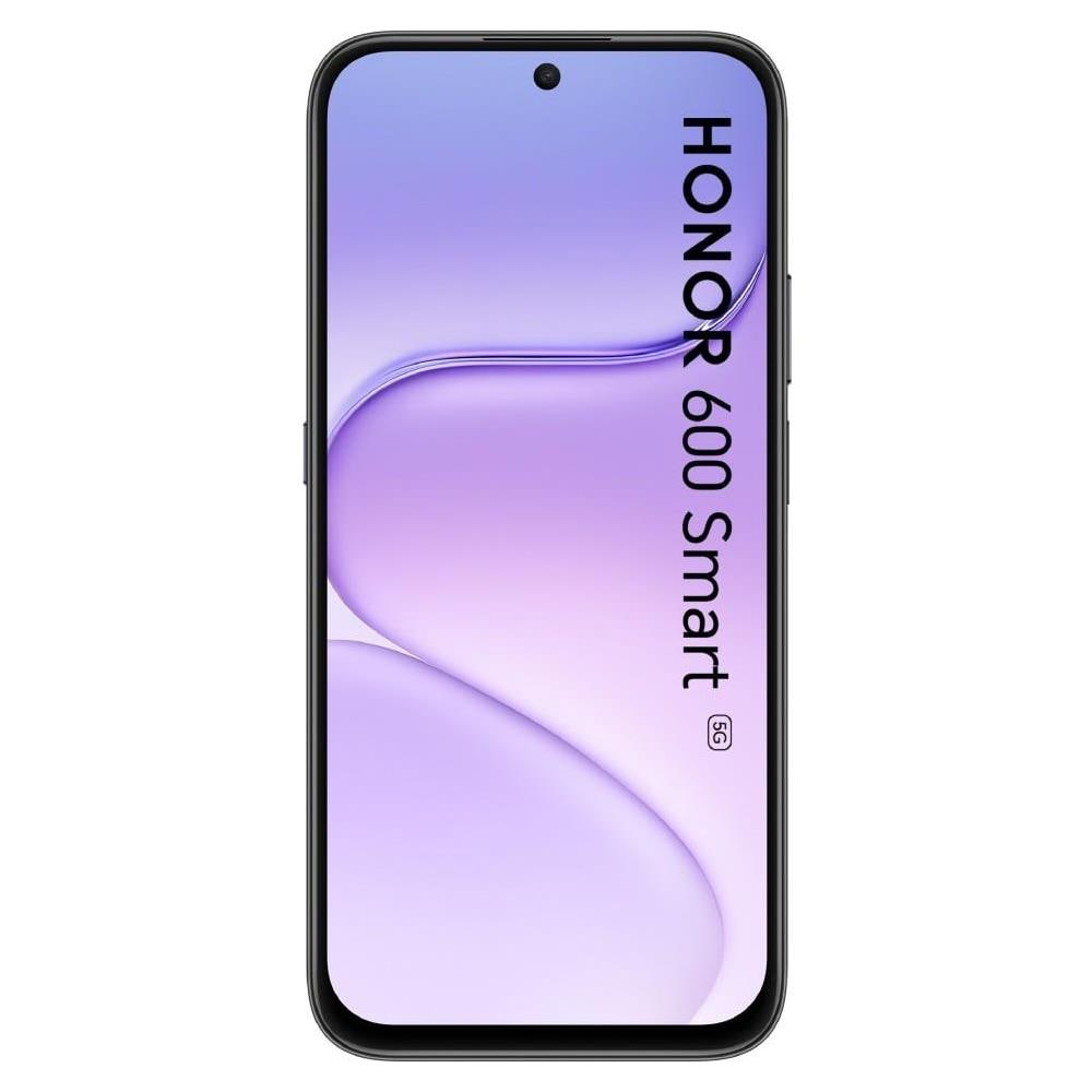 Smartfon Honor 600 Smart 5G z jasnofioletową tapetą i otworem na aparat.