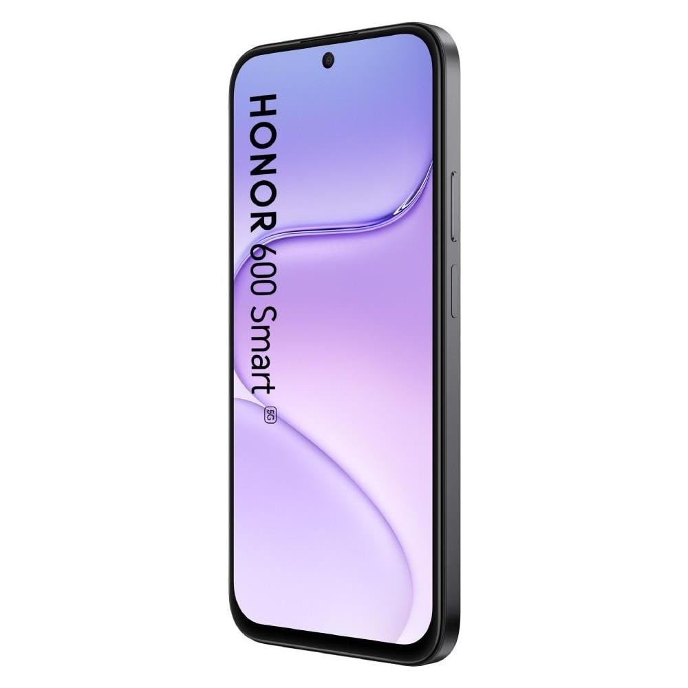 Czarny smartfon Honor 600 Smart 5G z fioletową tapetą i pionową nazwą marki.