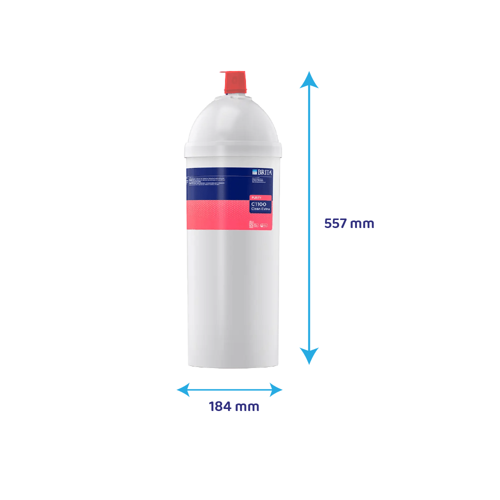 Weißer Brita C1100 Clean Extra Wasserfilter mit Maßen von 557 mm Höhe und 184 mm Breite.