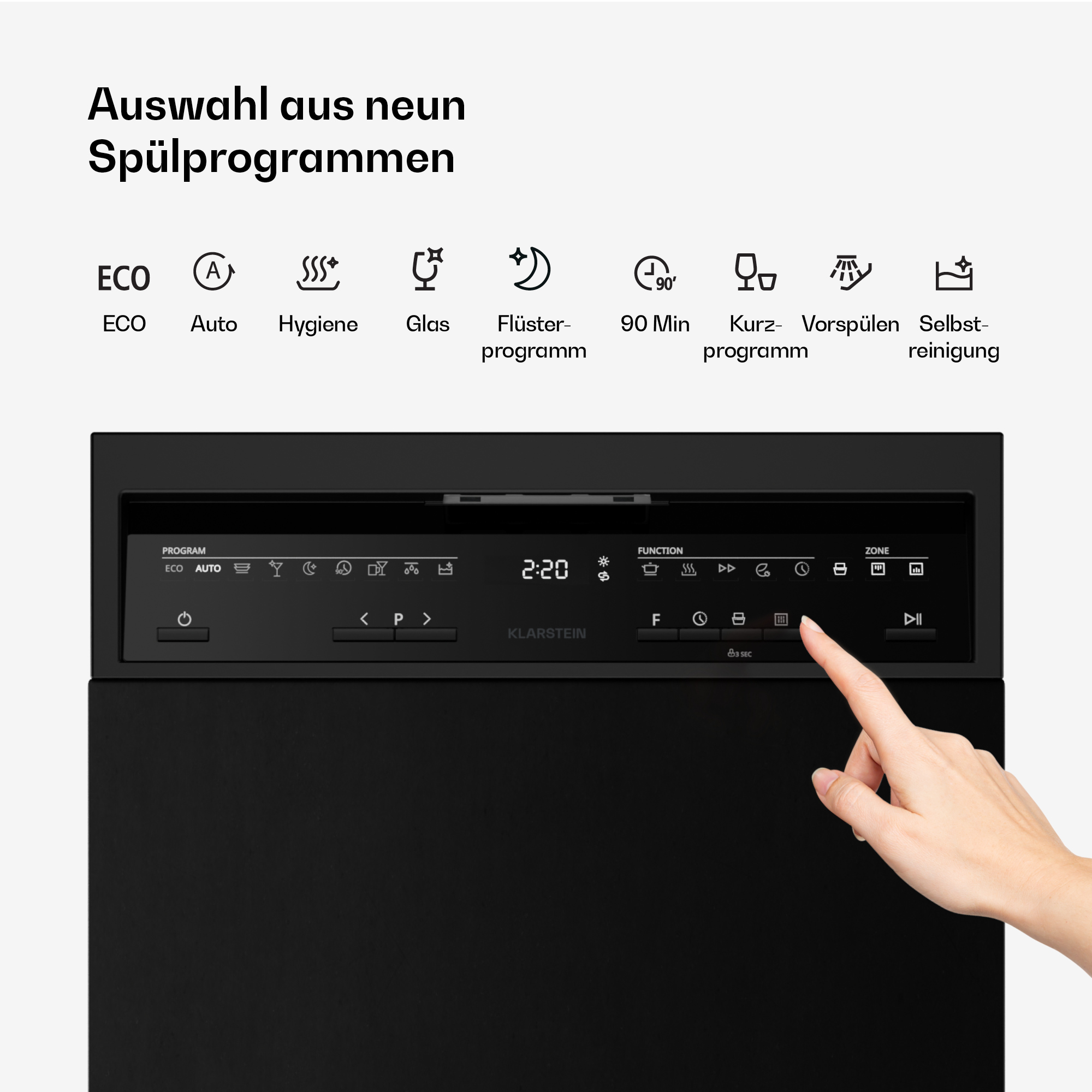 Hand bedient das Touch-Bedienfeld einer Spülmaschine mit neun Programmsymbolen oben.