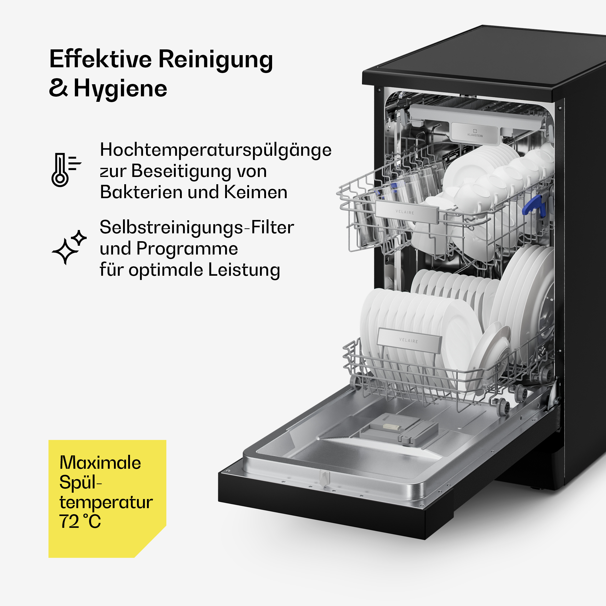 Schwarze Spülmaschine mit geöffneter Tür und eingeräumtem Geschirr, links Text und Symbole.