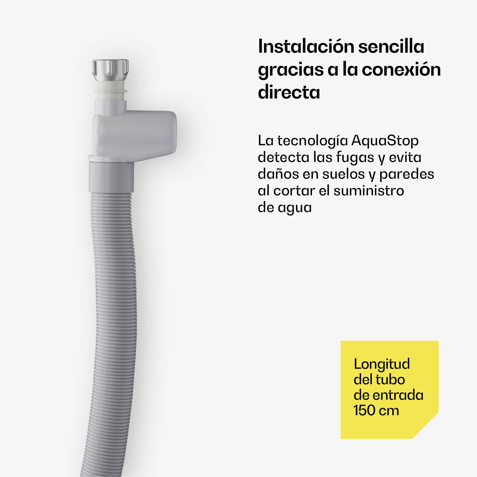 Grauer Aquastop-Wasserschlauch mit 150 cm Länge und spanischem Text.