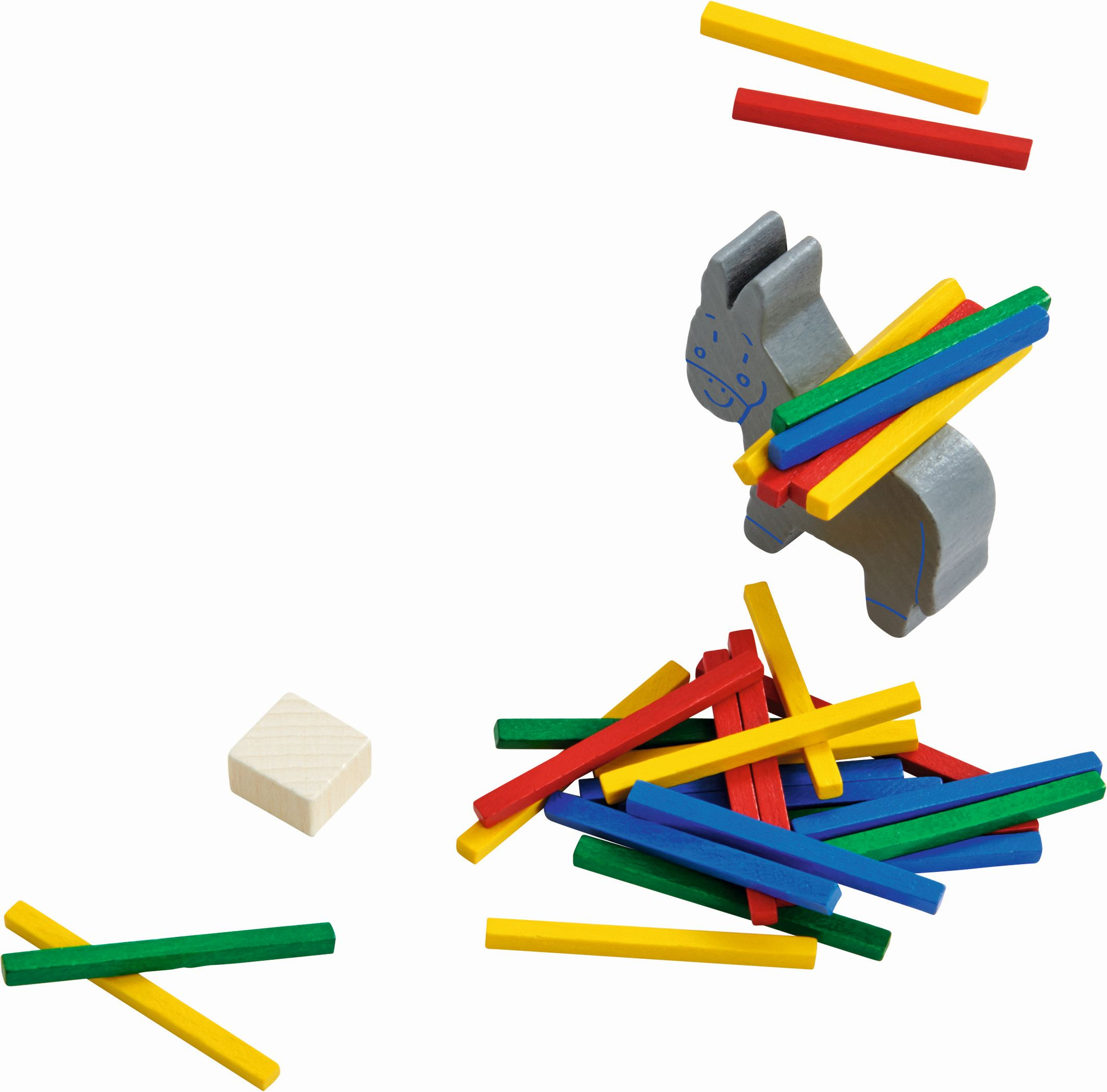 Ein hölzernes Eselspielzeug mit bunten Stäben und einem Würfel auf weißem Grund.