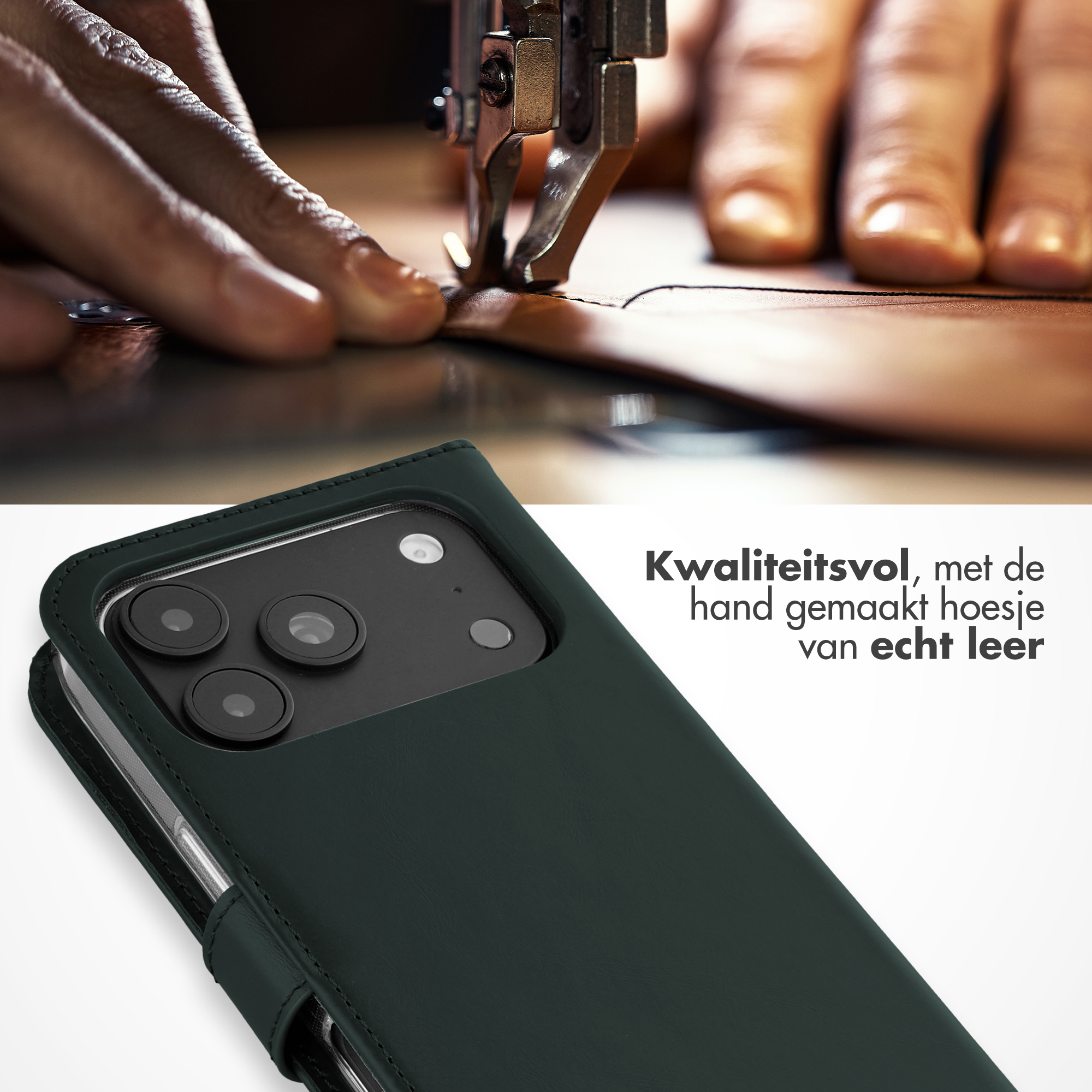 Eine dunkelgrüne Leder-Handyhülle liegt unter Händen, die Leder an einer Maschine nähen, mit niederländischem Text.