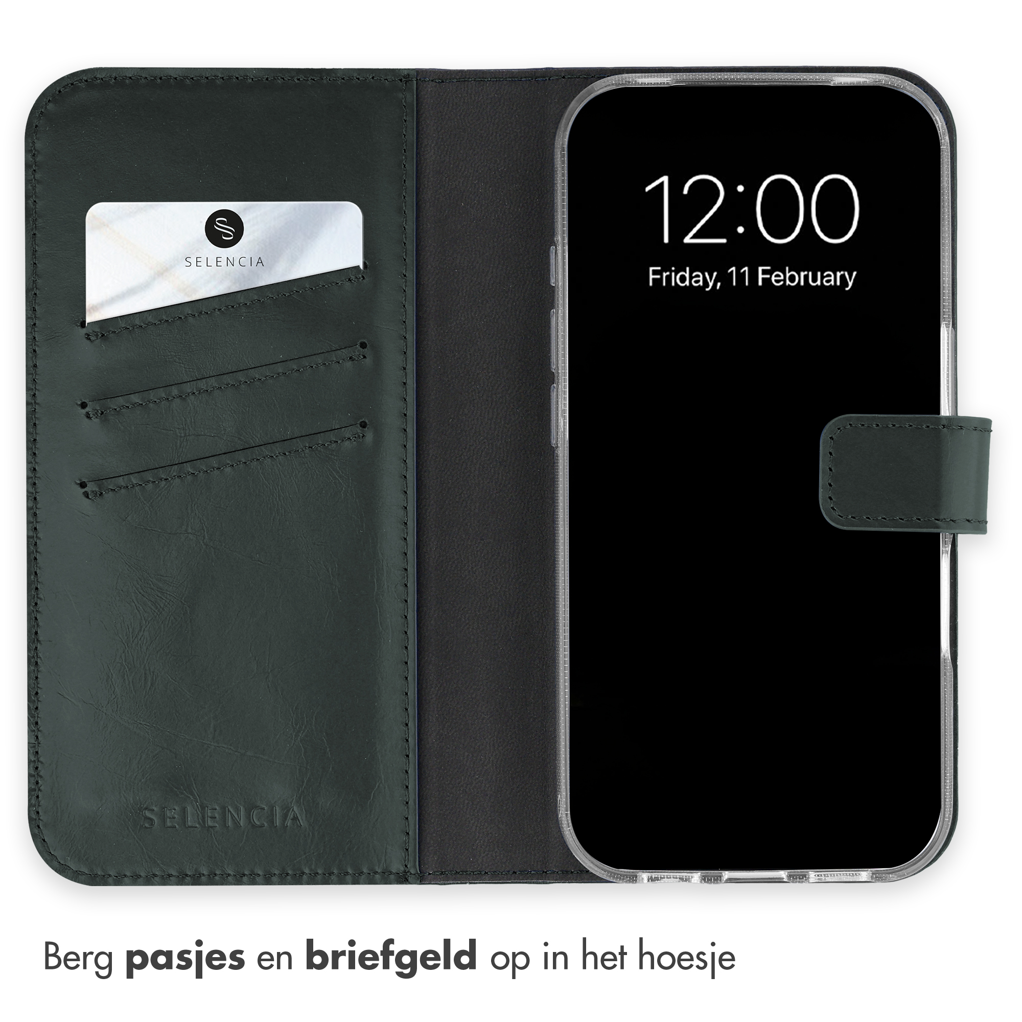 Ein schwarzes Leder-Smartphone-Etui mit Kartenfächern und einem Smartphone auf der rechten Seite.