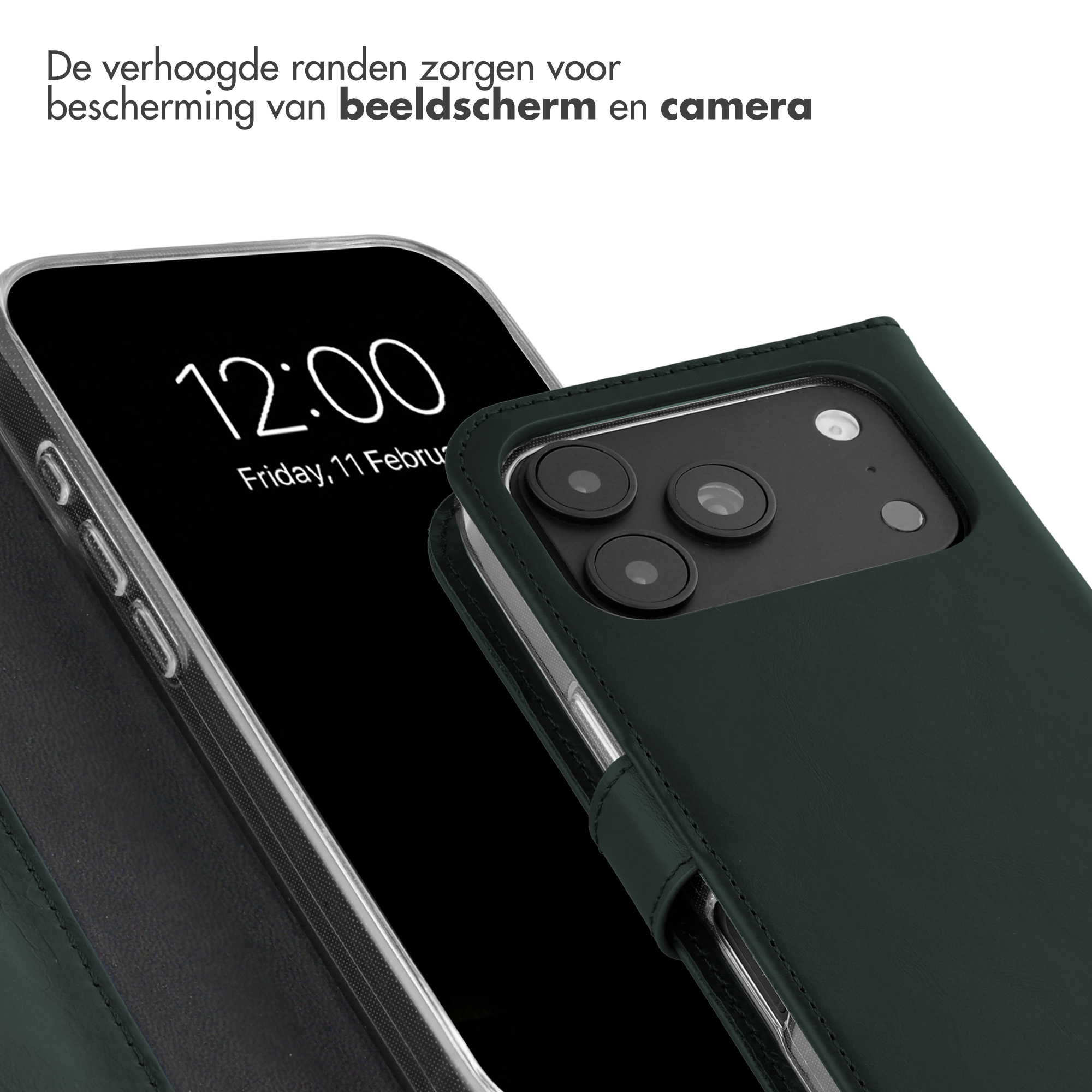 Erhöhte Ränder bieten Schutz für Bildschirm und Kamera eines grünen Smartphone-Etuis.