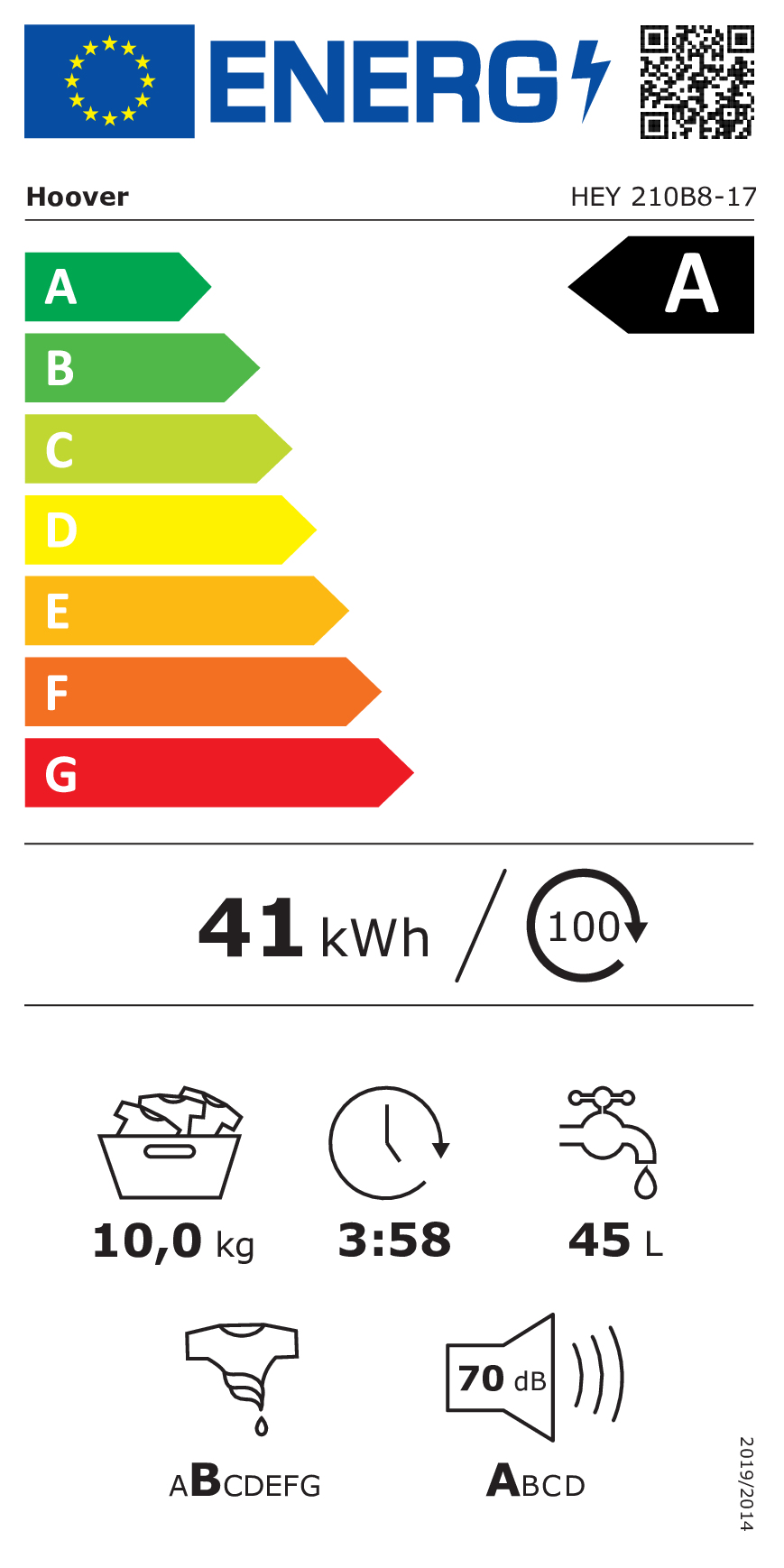 A sınıfı enerji, 41 kWh tüketim, 10 kg kapasite ve 70 dB gürültü seviyesi gösteren Hoover enerji etiketi.