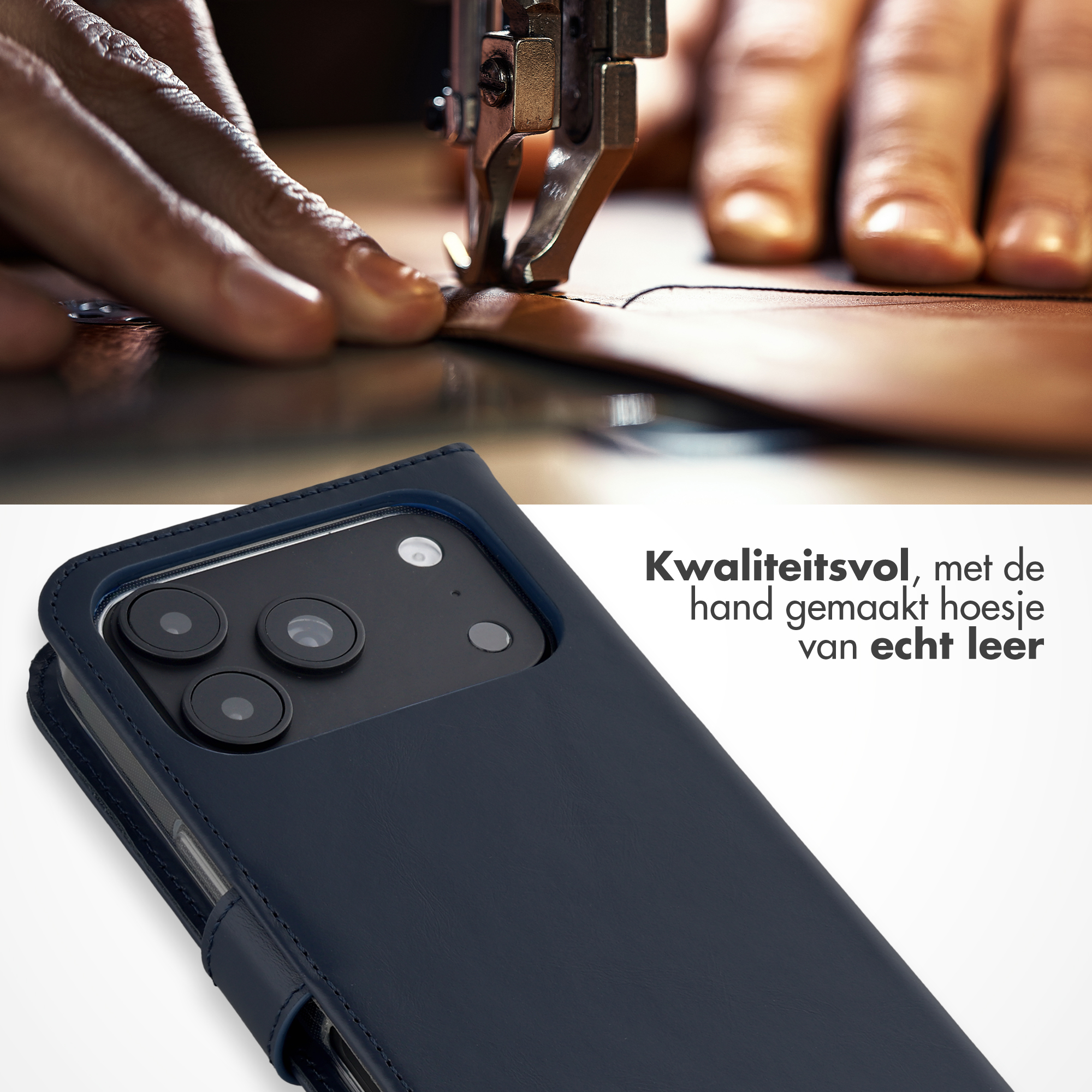 Handgefertigte blaue Echtleder-Handyhülle unter einer Nähmaschine mit passendem Text.