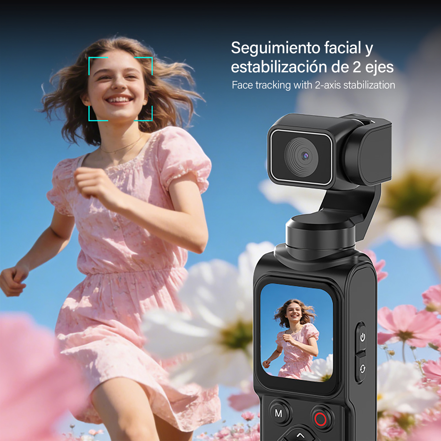 Una cámara de cardán negra muestra a una niña sonriente corriendo entre flores, resaltando el seguimiento.