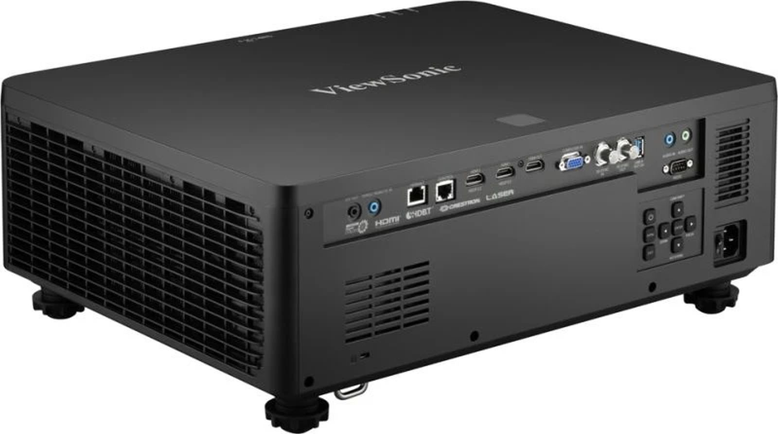 Schwarzer ViewSonic Projektor, Rückseite mit Anschlüssen und Lüftungsgitter sichtbar.