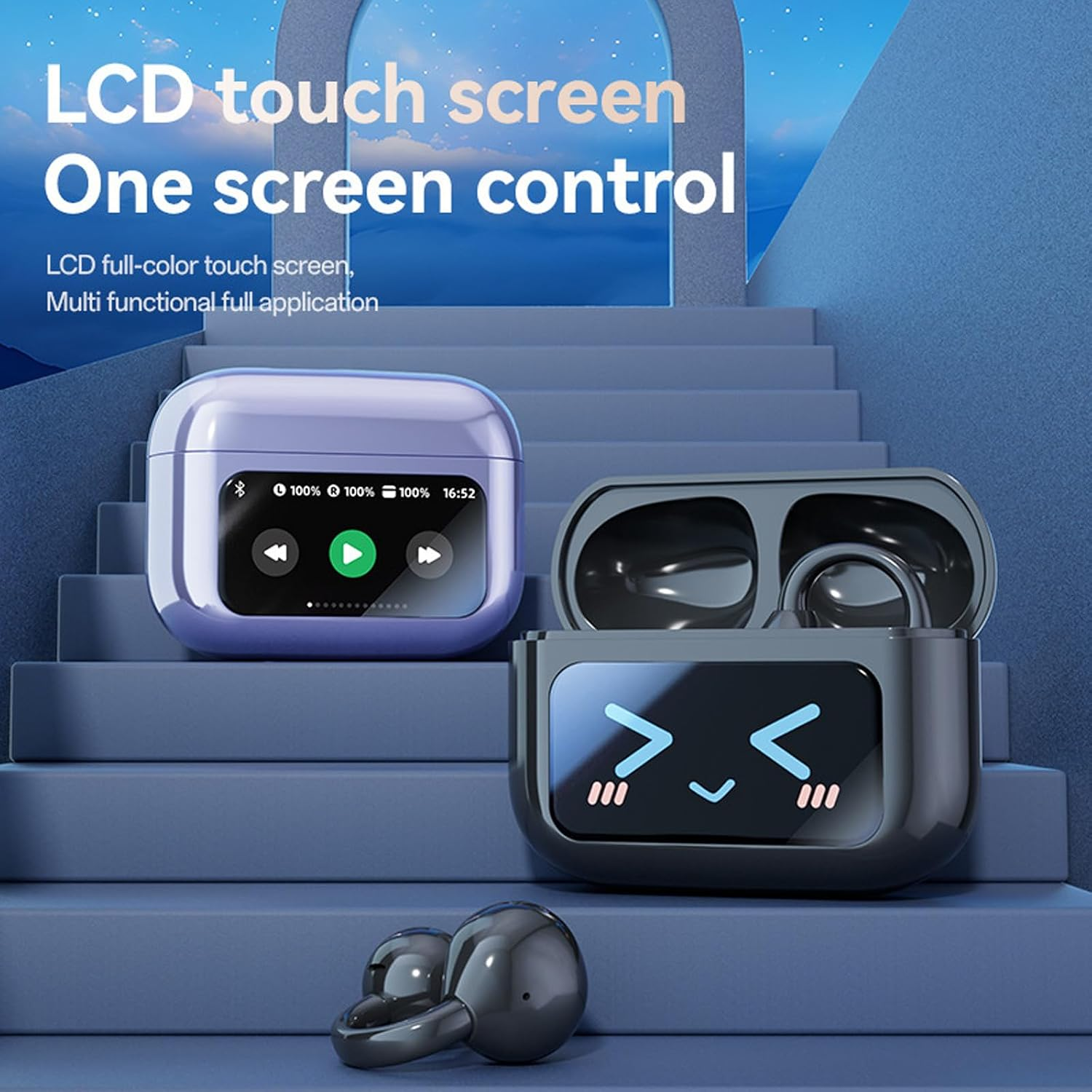 Lila und schwarze kabellose Ohrhörer mit LCD-Touchscreens vor einer blauen Treppe.