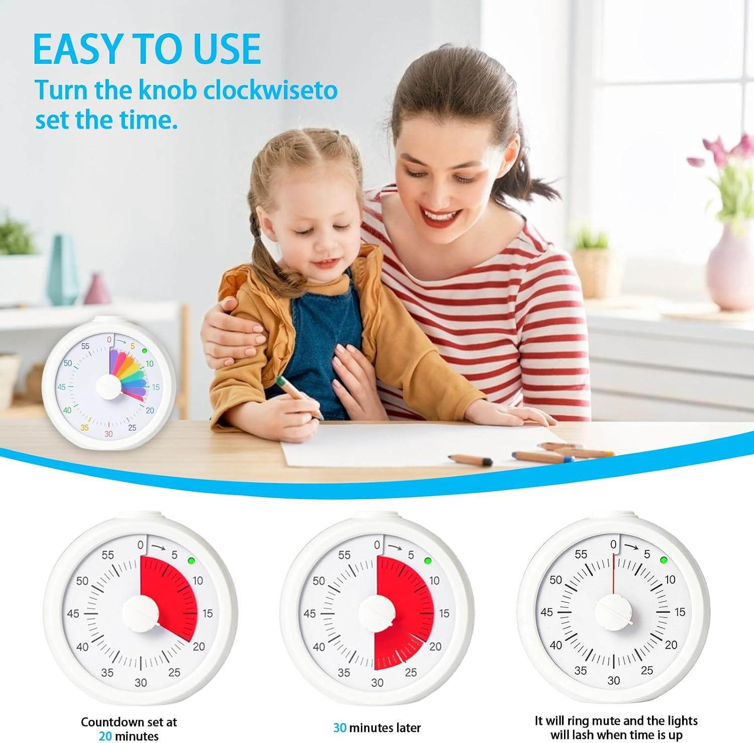Eine Mutter und Tochter zeichnen an einem Tisch zusammen, begleitet von einem visuellen Countdown-Timer.