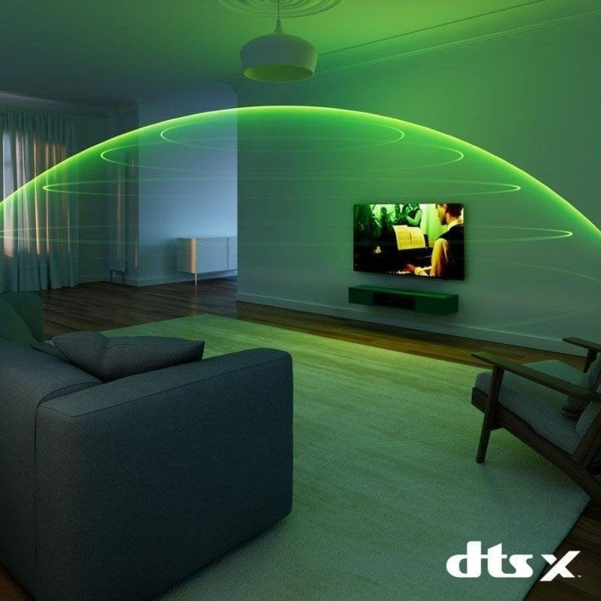 Soggiorno con onde di luce verde emanate da una TV, con divano e tappeto.