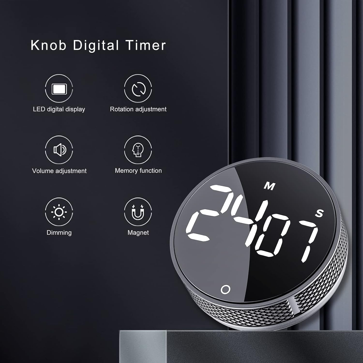 Knopf-Digital-Timer mit LED-Anzeige und Symbolen für Funktionen wie Lautstärke und Drehung.