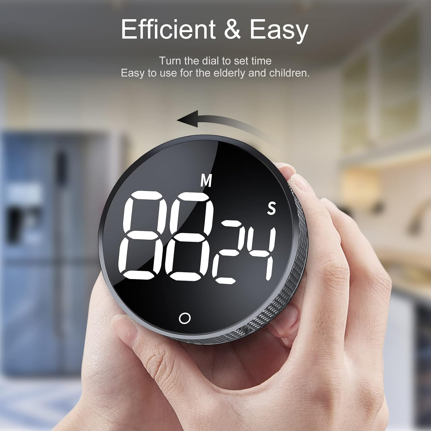 Person hält runden digitalen Küchen-Timer mit weißer LED-Anzeige in den Händen.