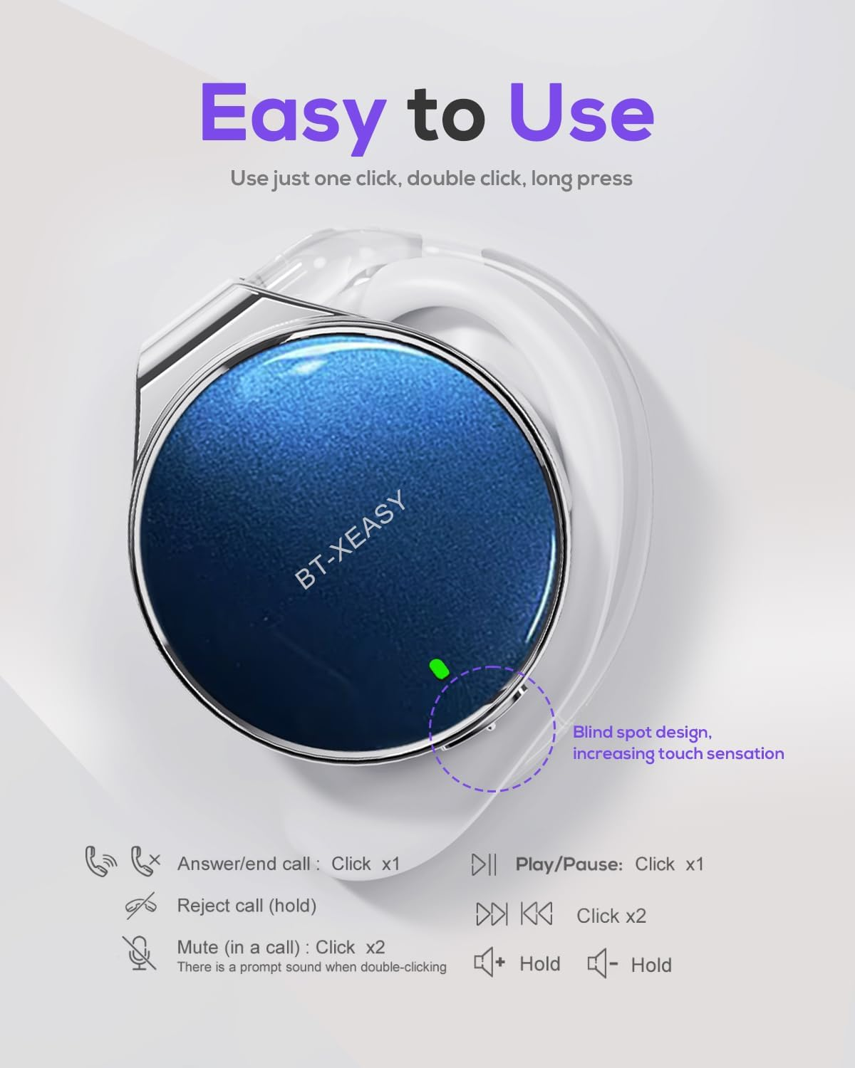 Produktbild eines blauen BT-XEASY Ohrhörers mit Anleitung für Touch-Bedienelemente.