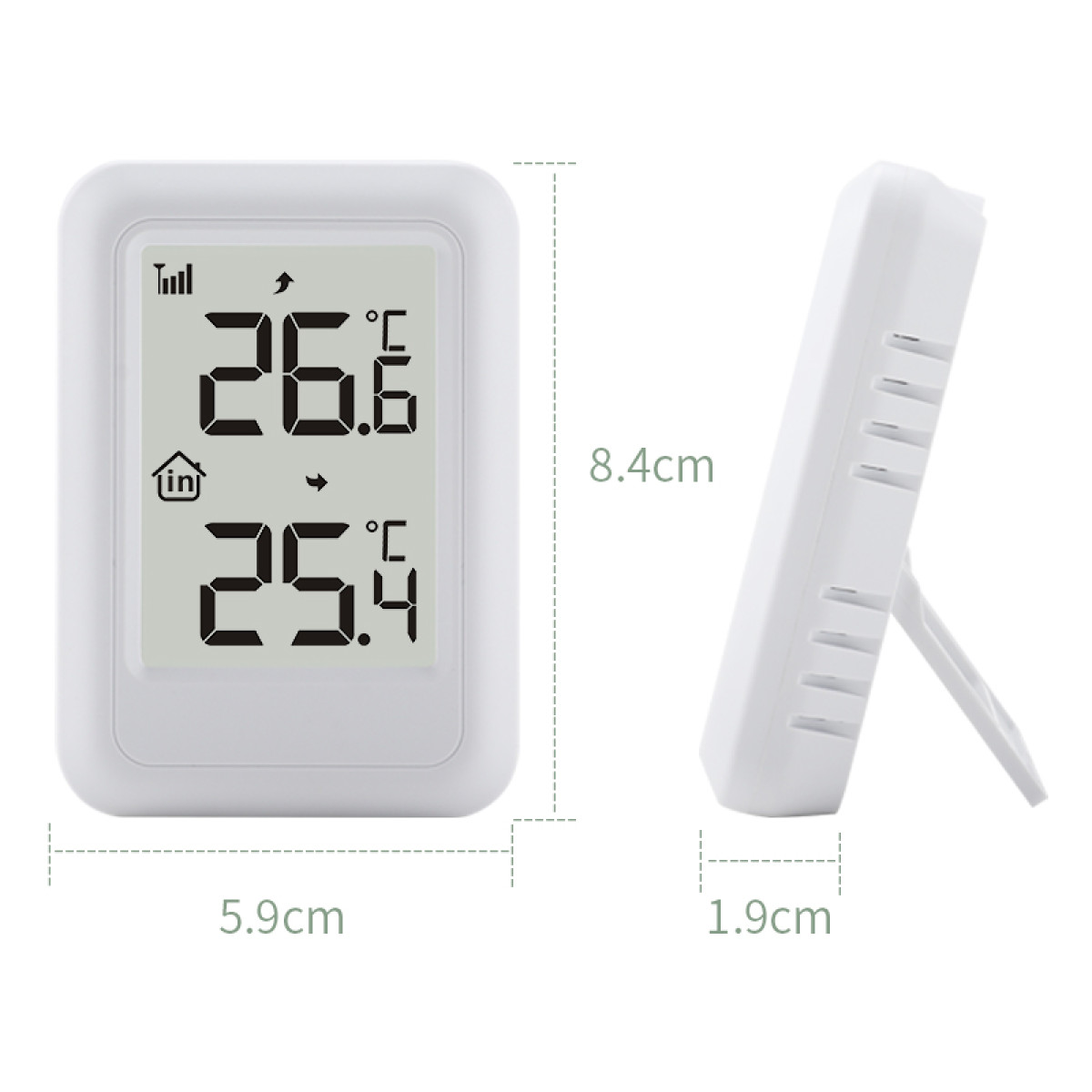 Weißes digitales Thermometer mit LCD-Bildschirm und Maßangaben von 8,4 cm Höhe, 5,9 cm Breite und 1,9 cm Tiefe.