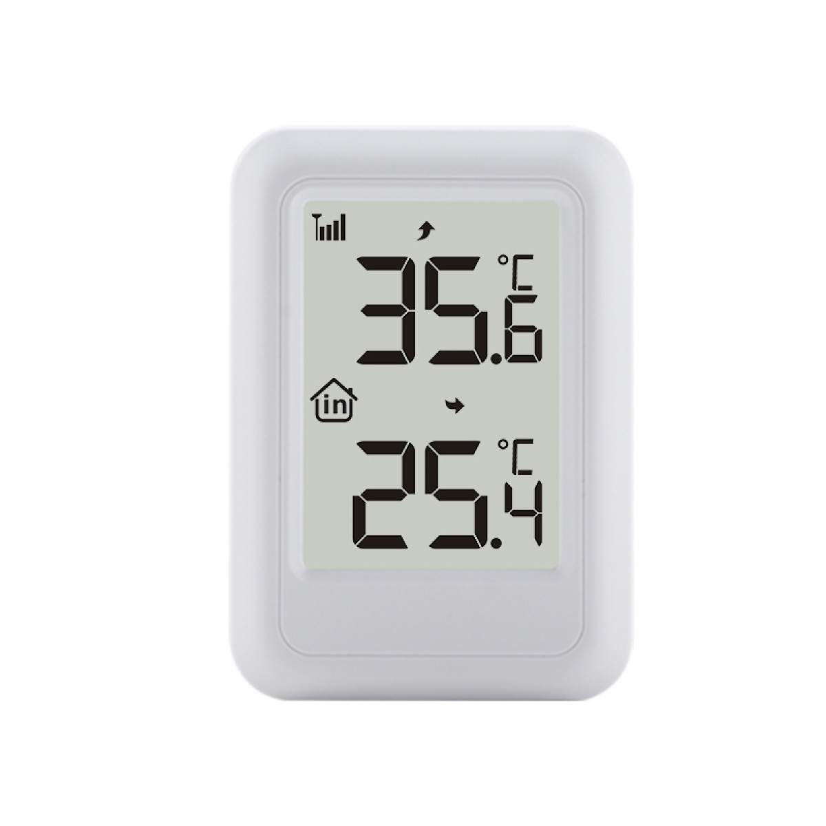 Weißes digitales Raumthermometer mit LCD-Bildschirm, der 35,6°C und 25,4°C anzeigt.