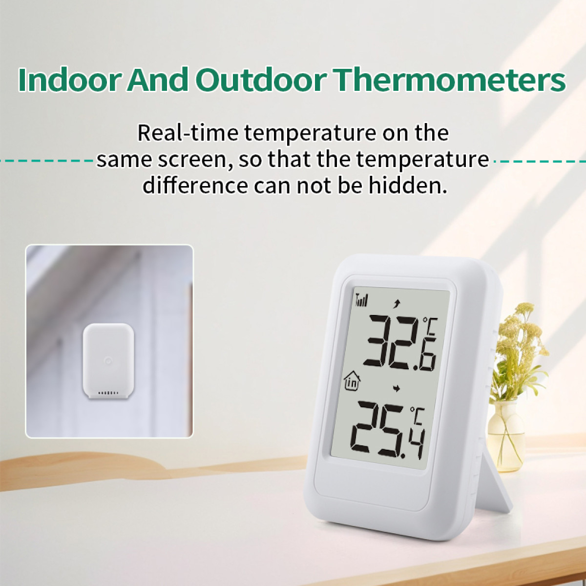 Ein weißes digitales Thermometer auf einem Tisch zeigt Innen- und Außentemperaturen.