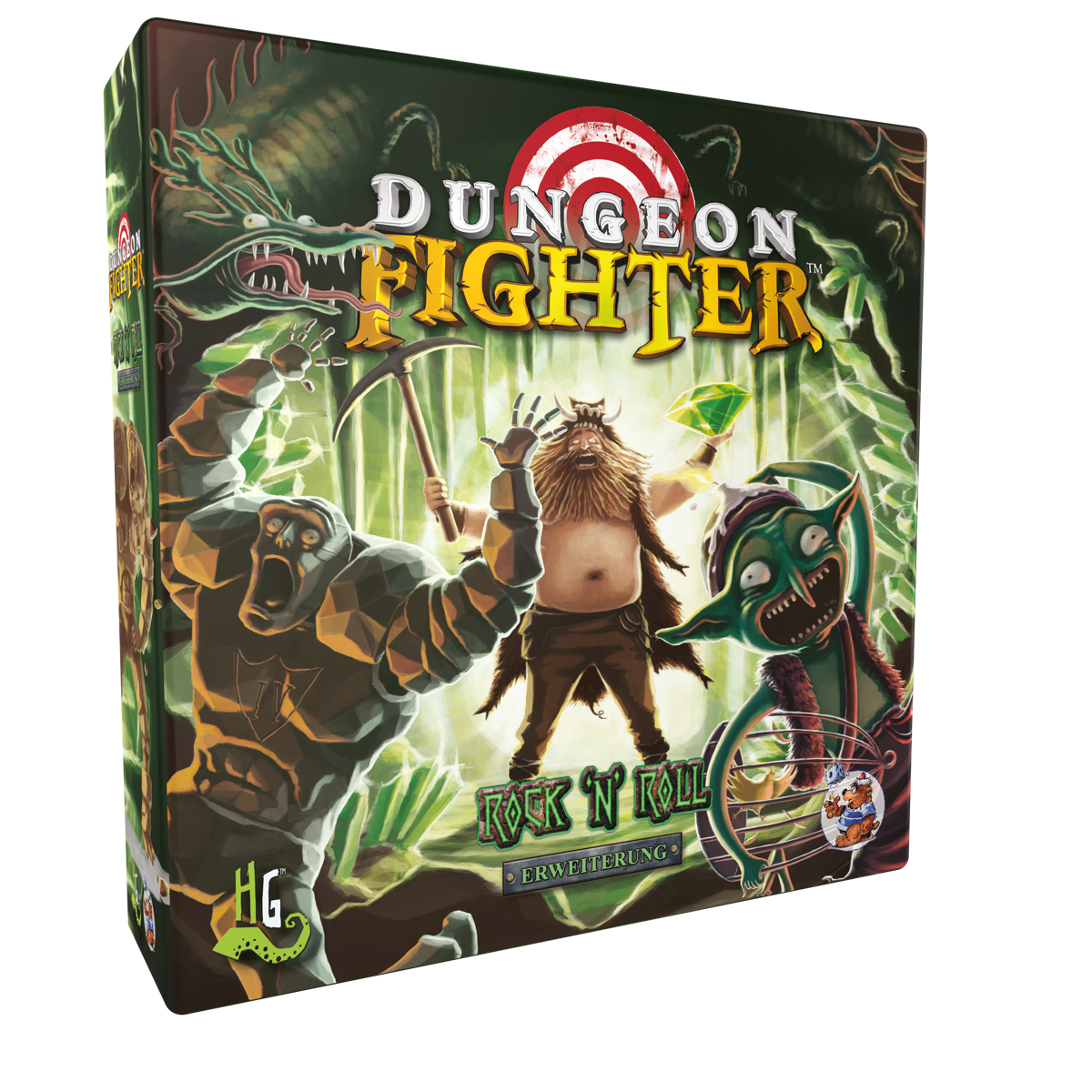 Brettspiel-Schachtel Dungeon Fighter Rock N Roll mit Cartoon-Figuren, Drache und grüner Edelstein.