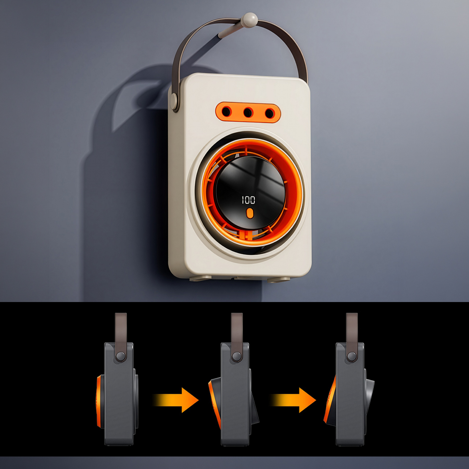 Un ventilador portátil beige y naranja cuelga en la pared, con vistas laterales que muestran su mecanismo de inclinación.