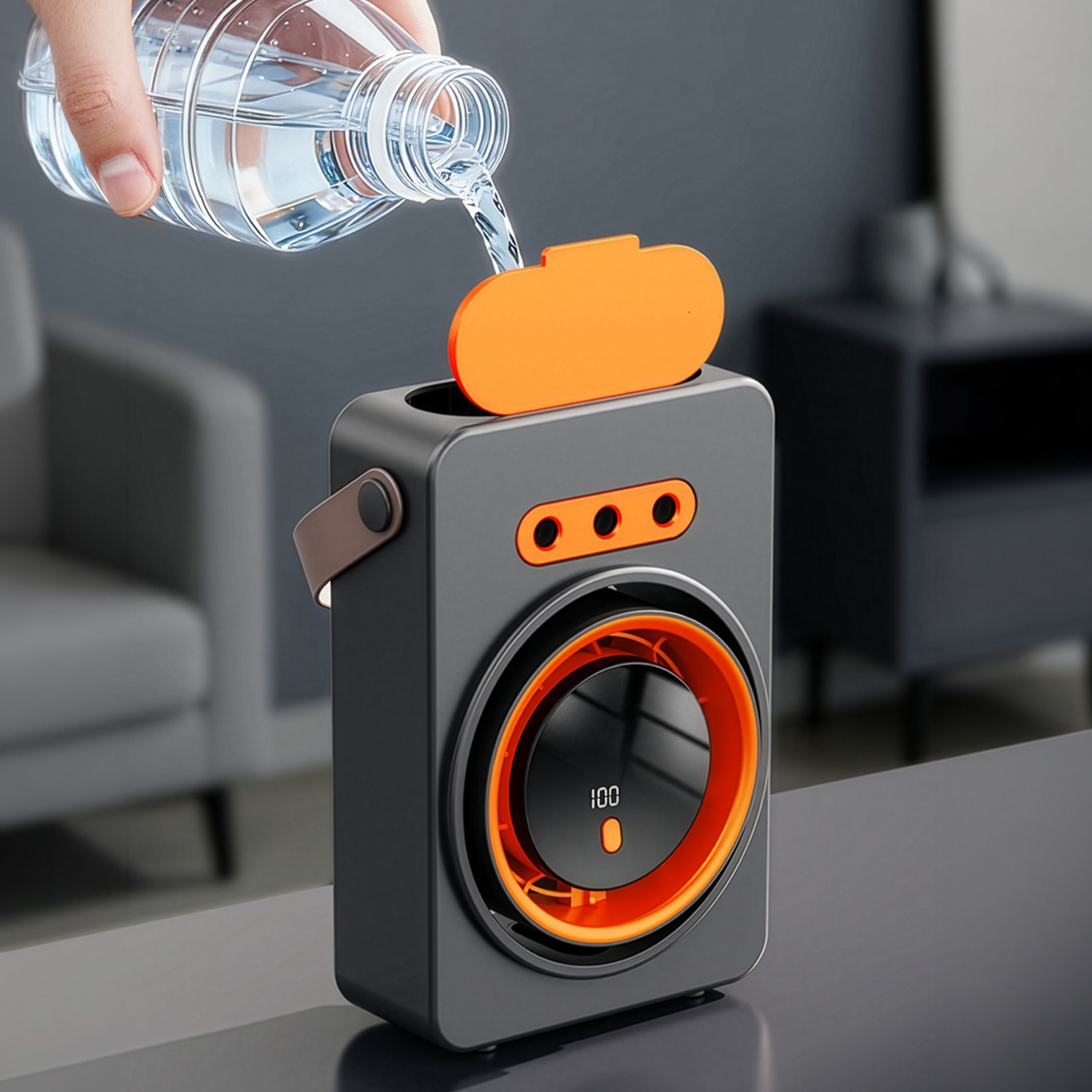 Se vierte agua de una botella en un difusor moderno gris y naranja con pantalla digital sobre una mesa.