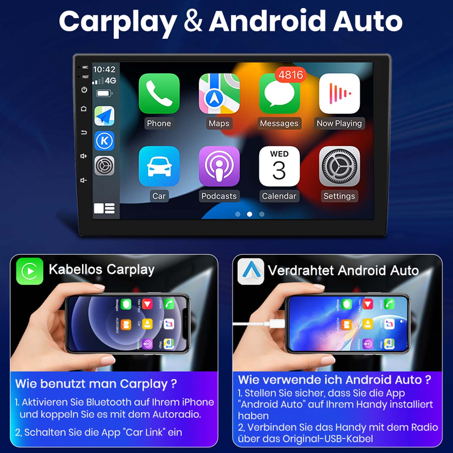 Autobildschirm mit App-Icons sowie Handys, die kabelloses Carplay und verdrahtetes Android Auto zeigen.