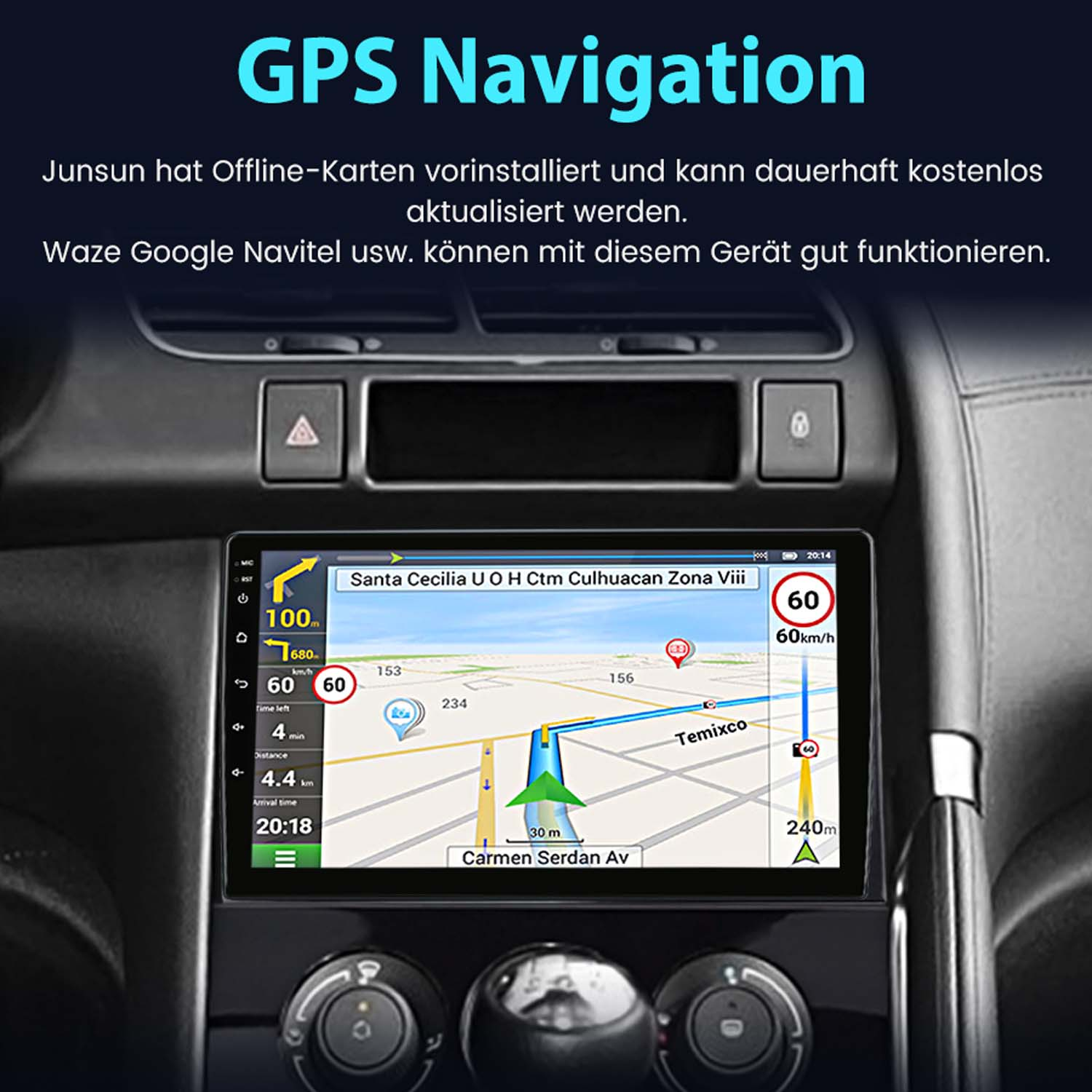 GPS-Navigationsbildschirm im Armaturenbrett eines Autos mit StraÃŸenkarte und Routenführung.