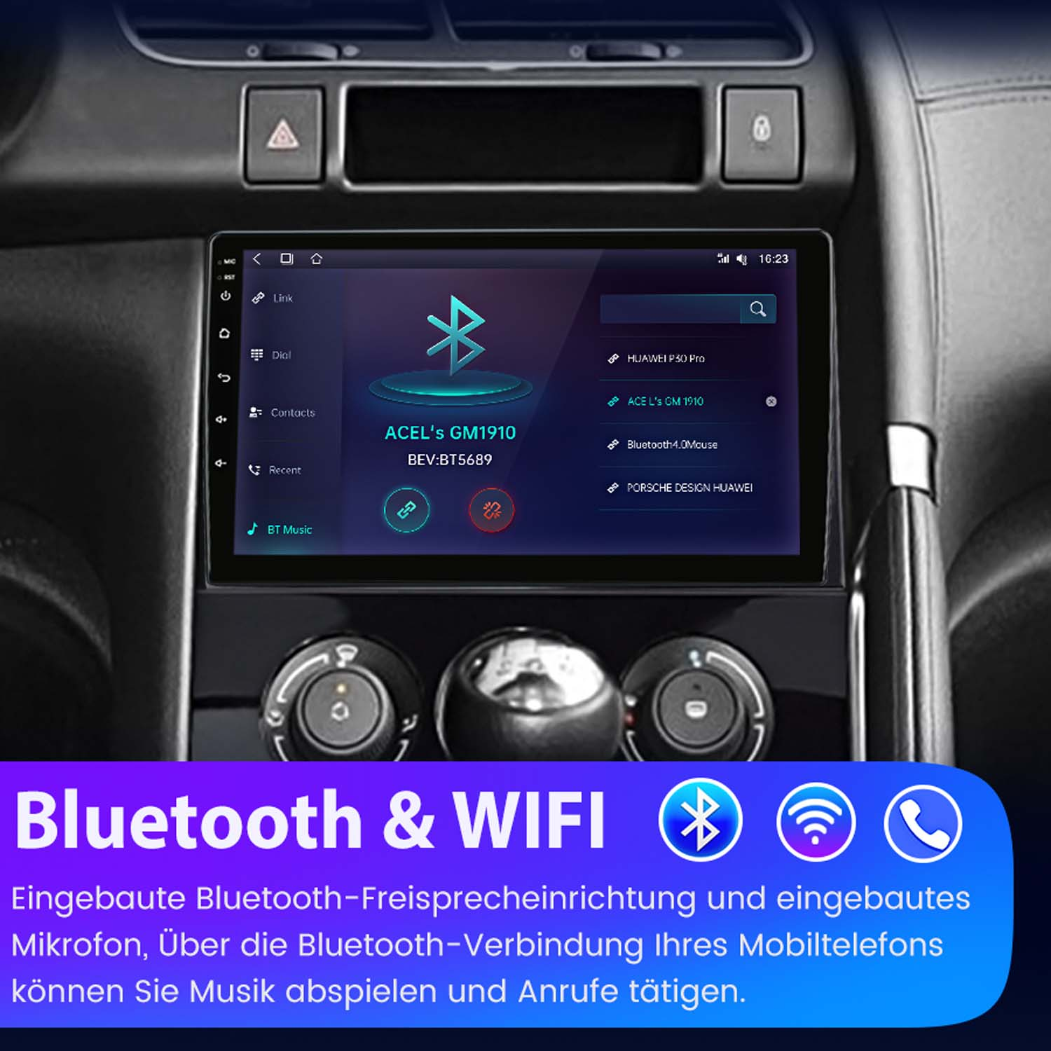 Ein Car-Display zeigt das Bluetooth-Menü an. Darunter befindet sich ein blauer Werbebanner mit Text.