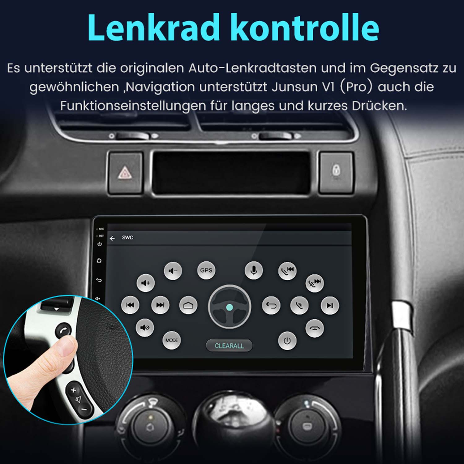 Autoinnenraum mit Infotainment-Bildschirm und Lenkradsteuerung.