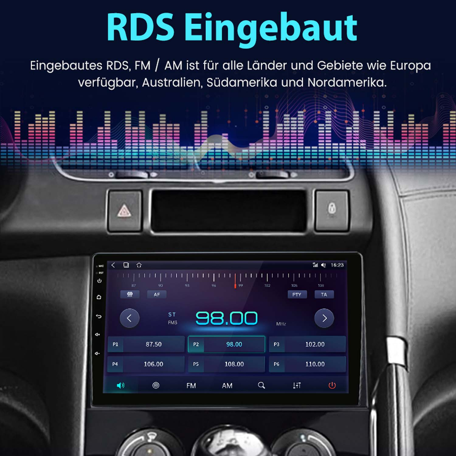 Ein Auto-Armaturenbrett mit eingebauter RDS-Radioschnittstelle, Frequenz 98,00 MHz und Equalizer-Balken.