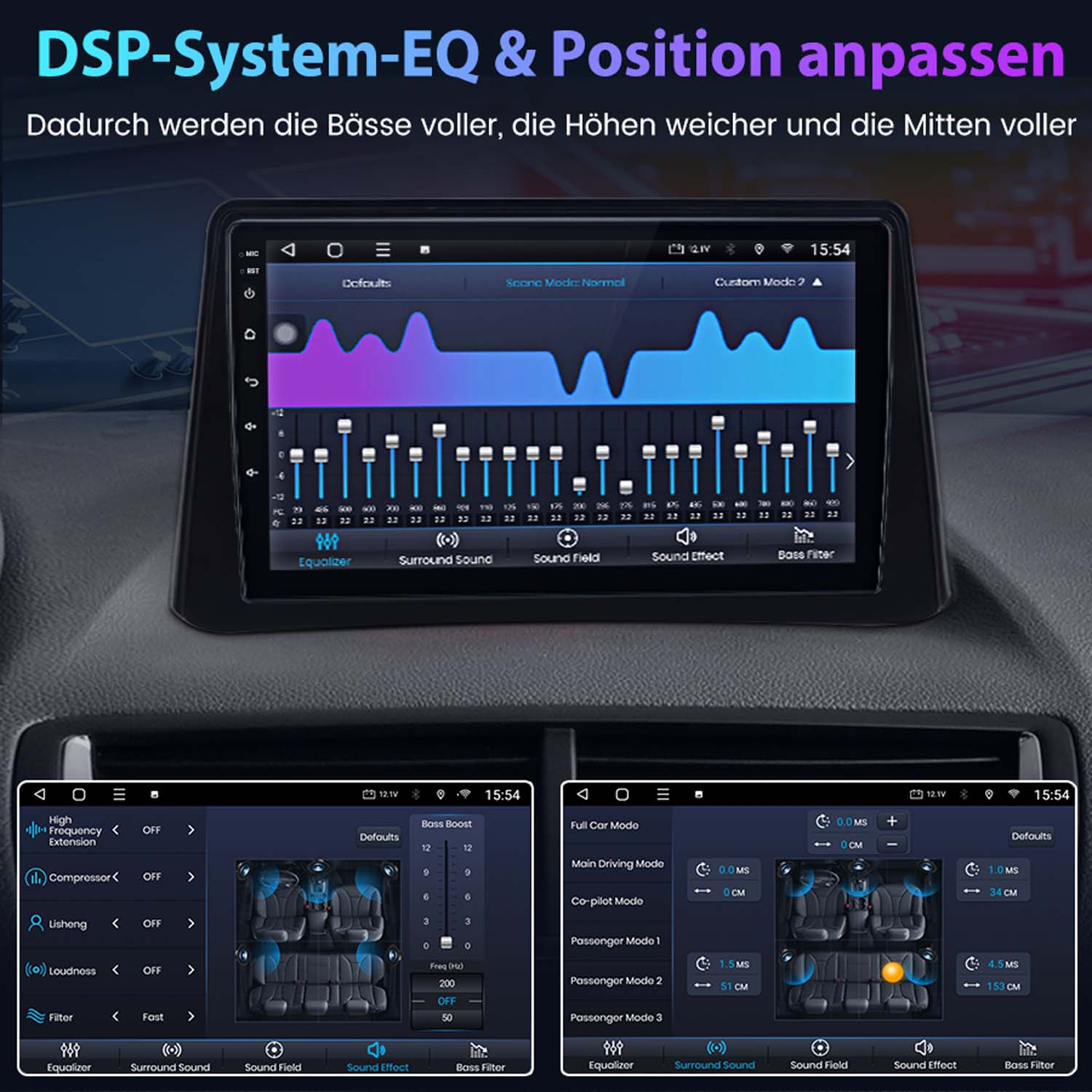 Autoradio mit Equalizer-Einstellungen auf dem Touchscreen und deutscher Textüberlagerung.
