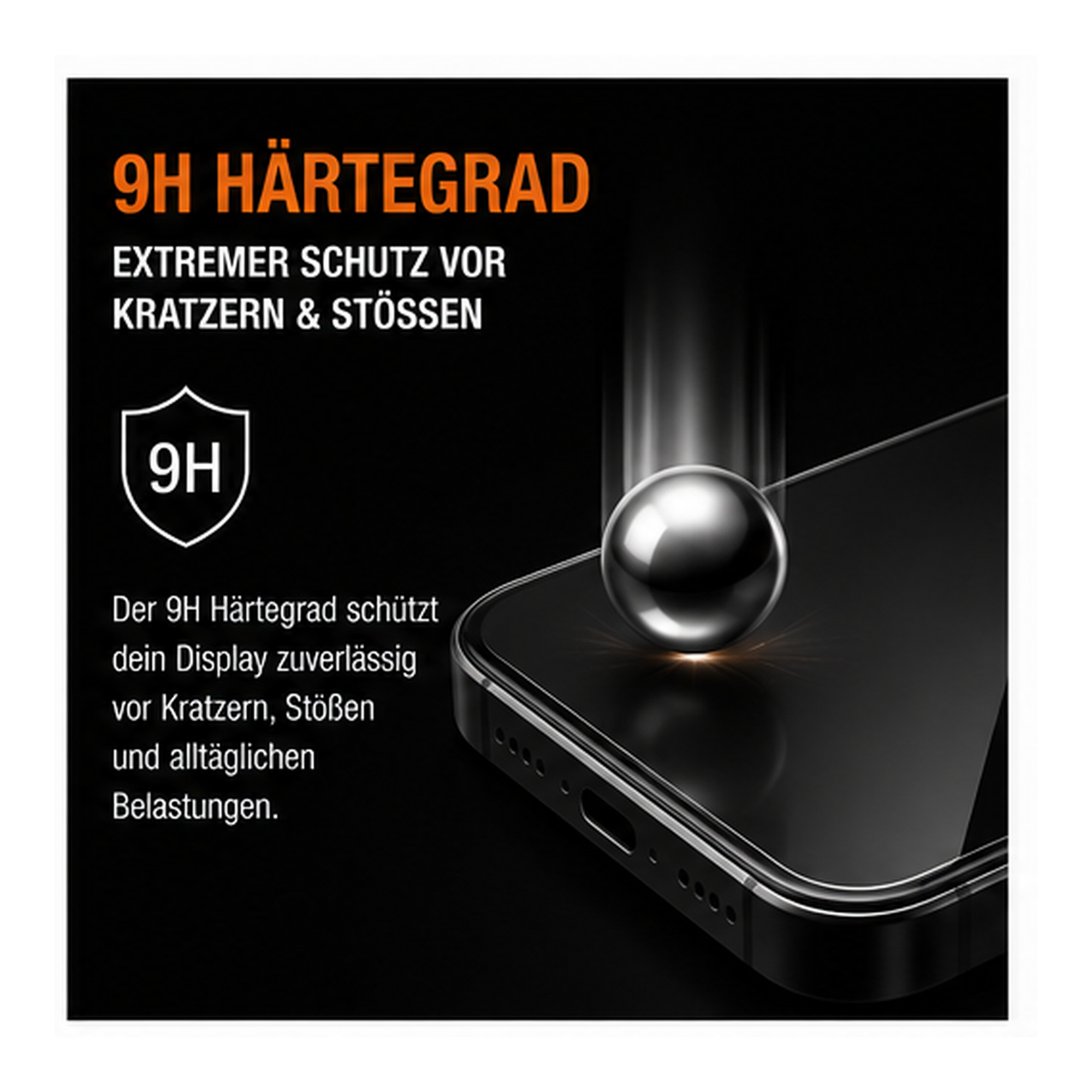Eine Silberkugel fällt auf ein Smartphone-Display auf schwarzem Hintergrund mit deutschem Werbetext.
