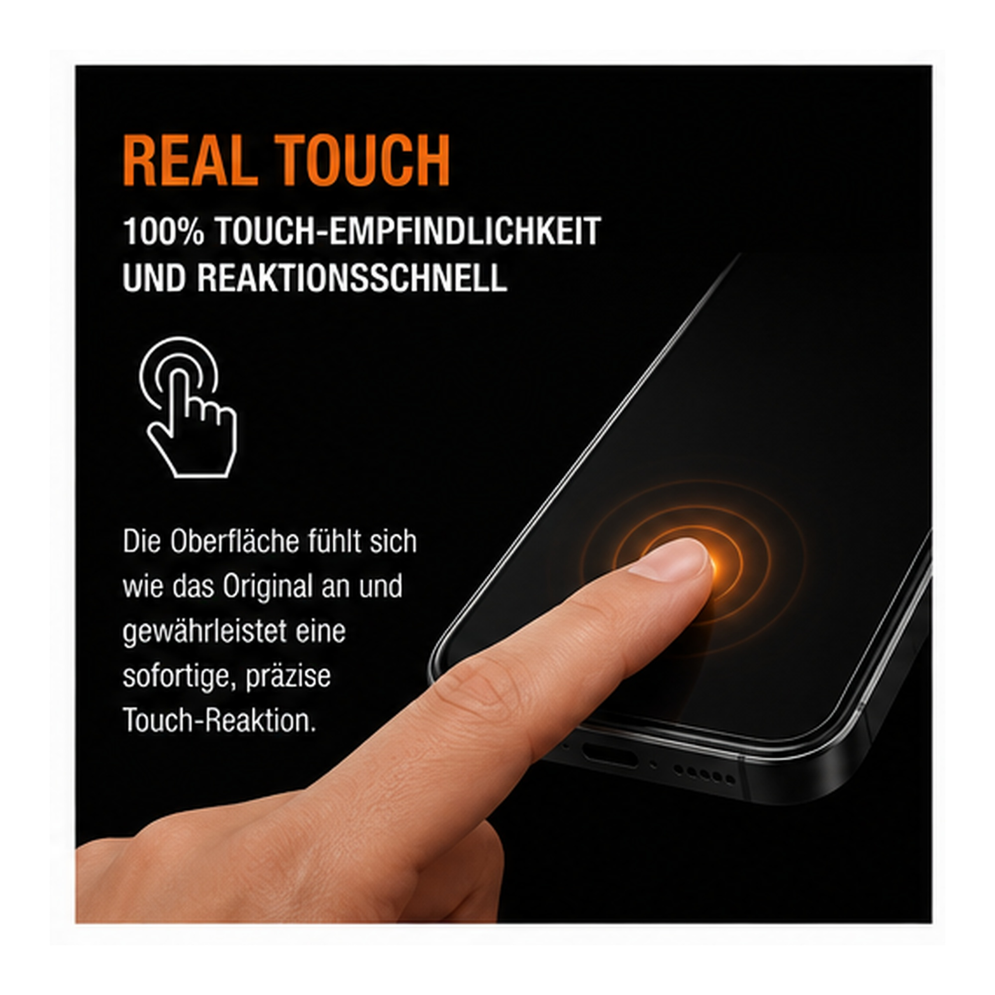 Ein Finger tippt auf ein Smartphone-Display, um die Touch-Empfindlichkeit zu zeigen.