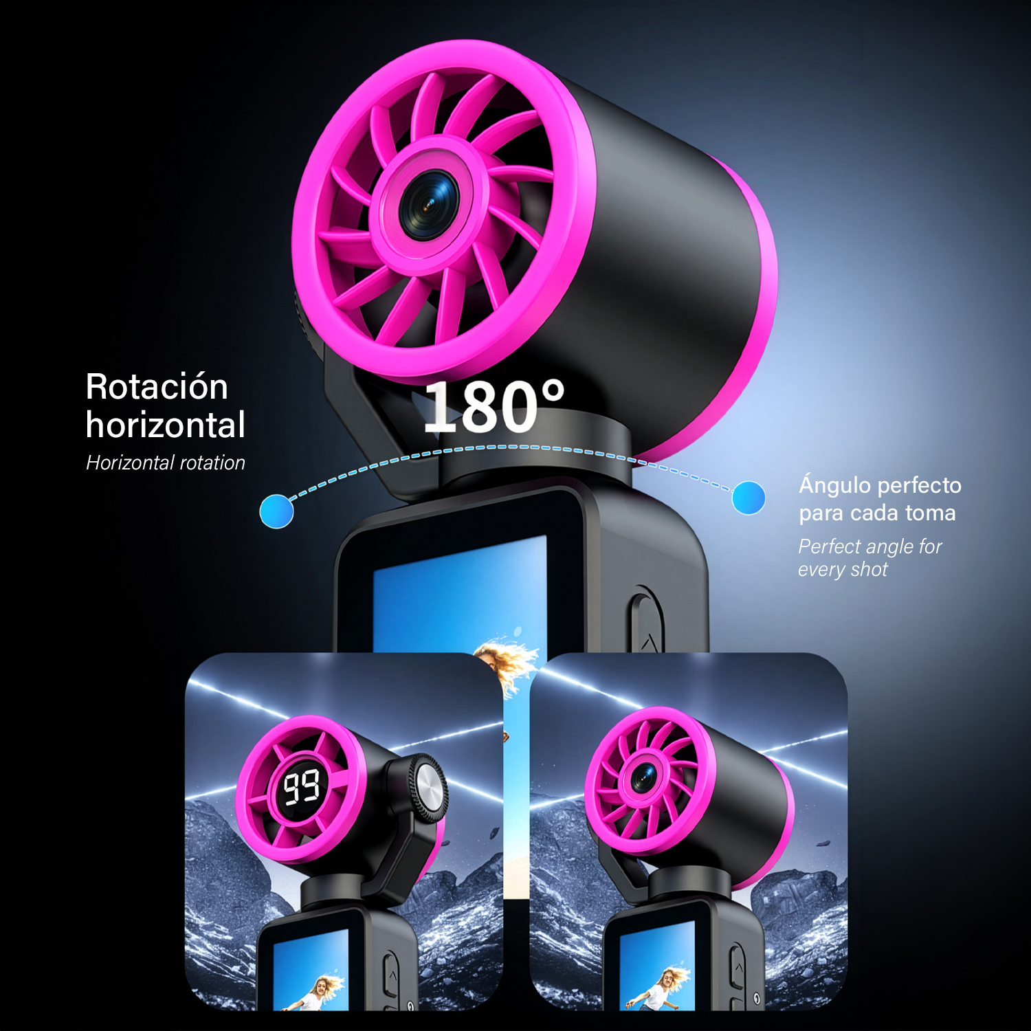 Cámara negra con anillo de hélice rosa e indicador de rotación de 180 grados.