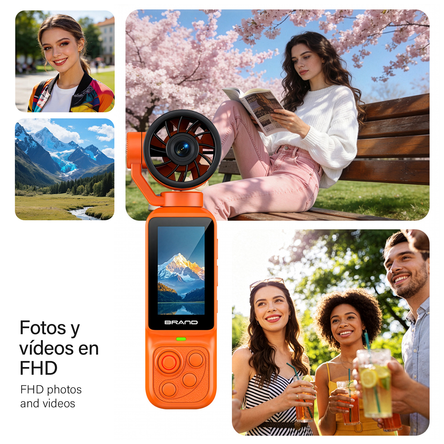 Una cámara con estabilizador naranja muestra fotos de personas y paisajes.