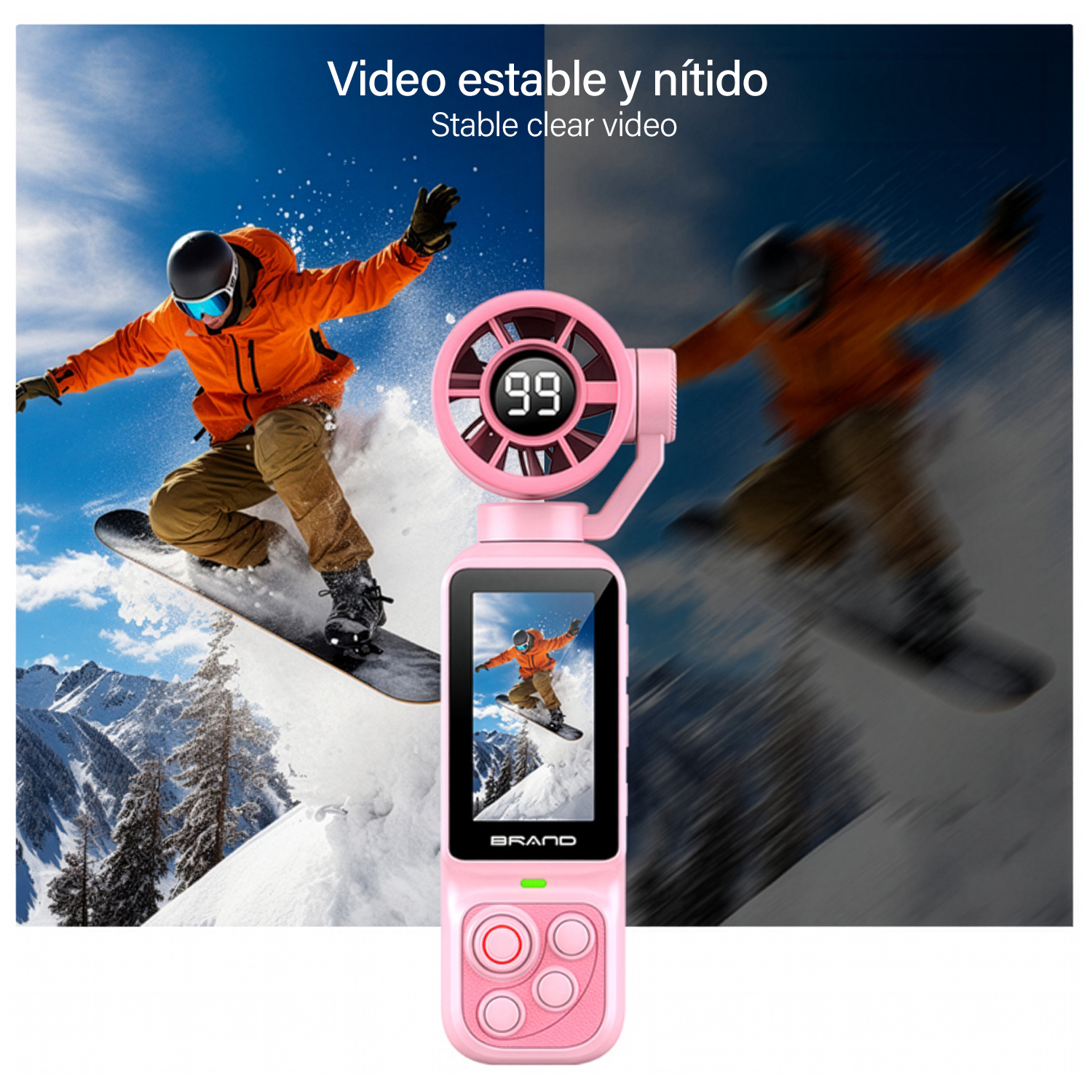 Comparación de video claro y estable versus video borroso con una cámara de mano rosa y una escena de snowboard.