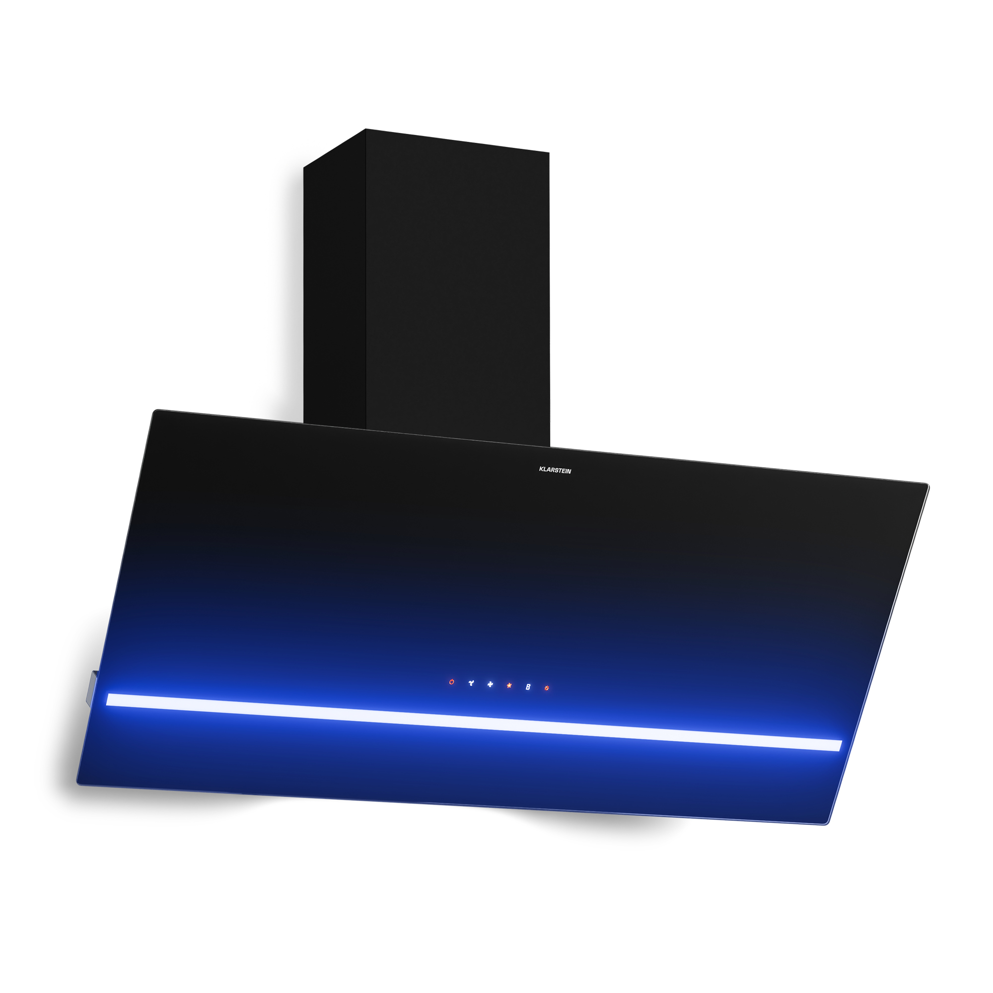 Moderna campana extractora negra con tira LED azul y panel táctil sobre fondo blanco.