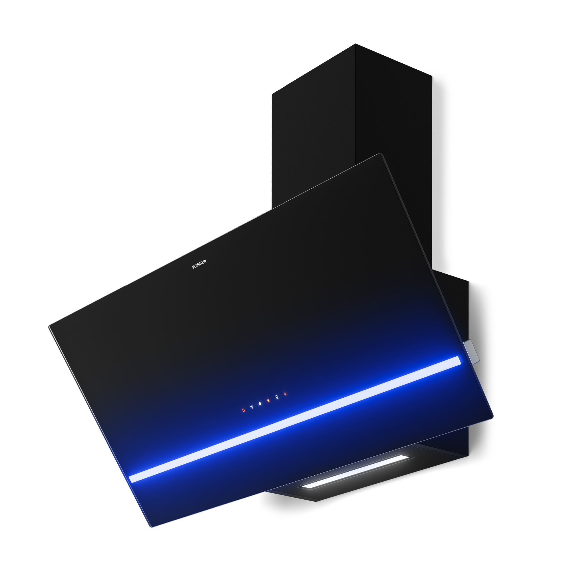 Moderna campana extractora negra con iluminación LED azul y panel táctil sobre fondo blanco.