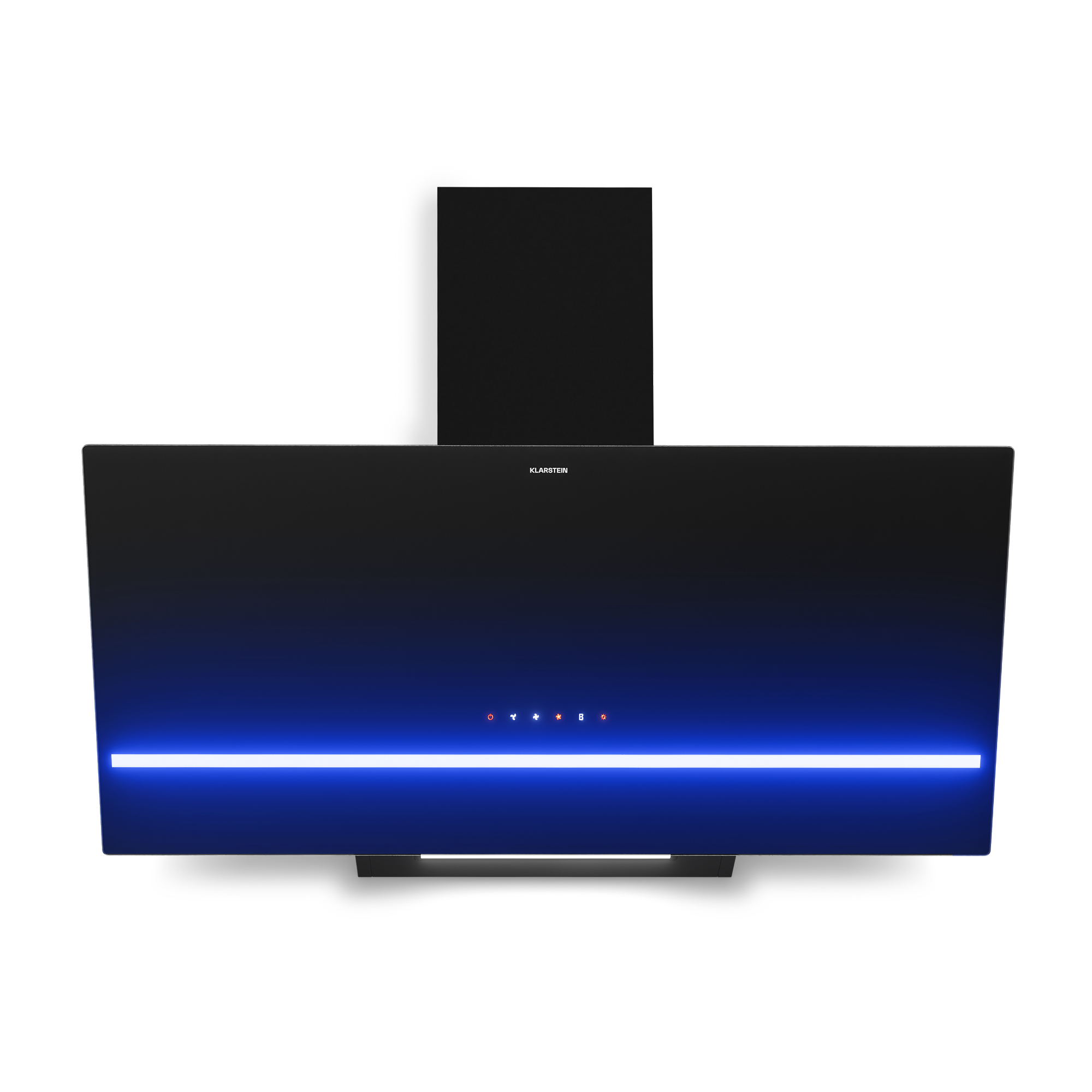 Campana extractora negra con tira LED azul y panel táctil sobre fondo blanco.